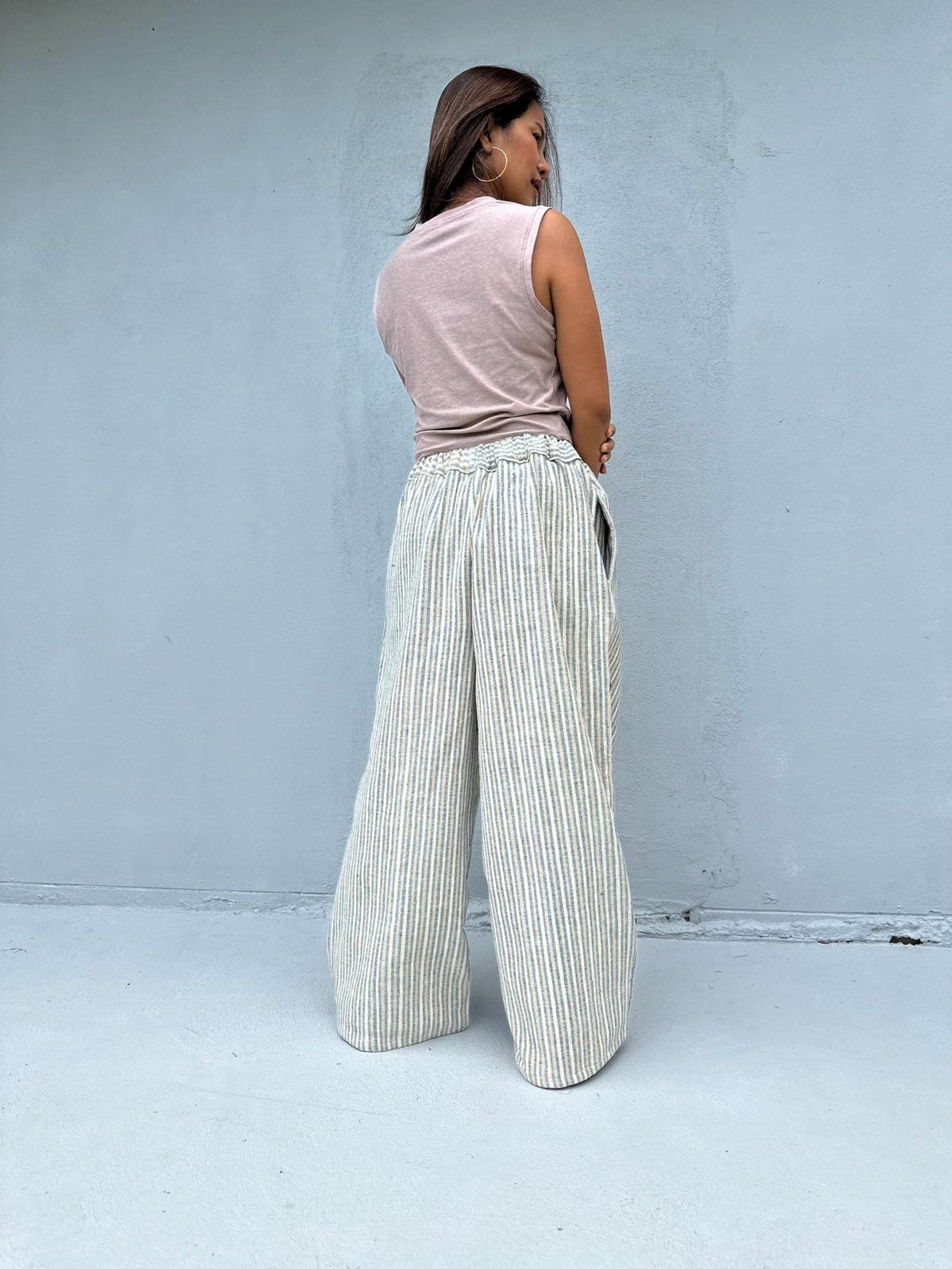 Tala Wide Leg Cotton Pants in Cream and Gray Stripes-VC-19-40-Mala Handworks