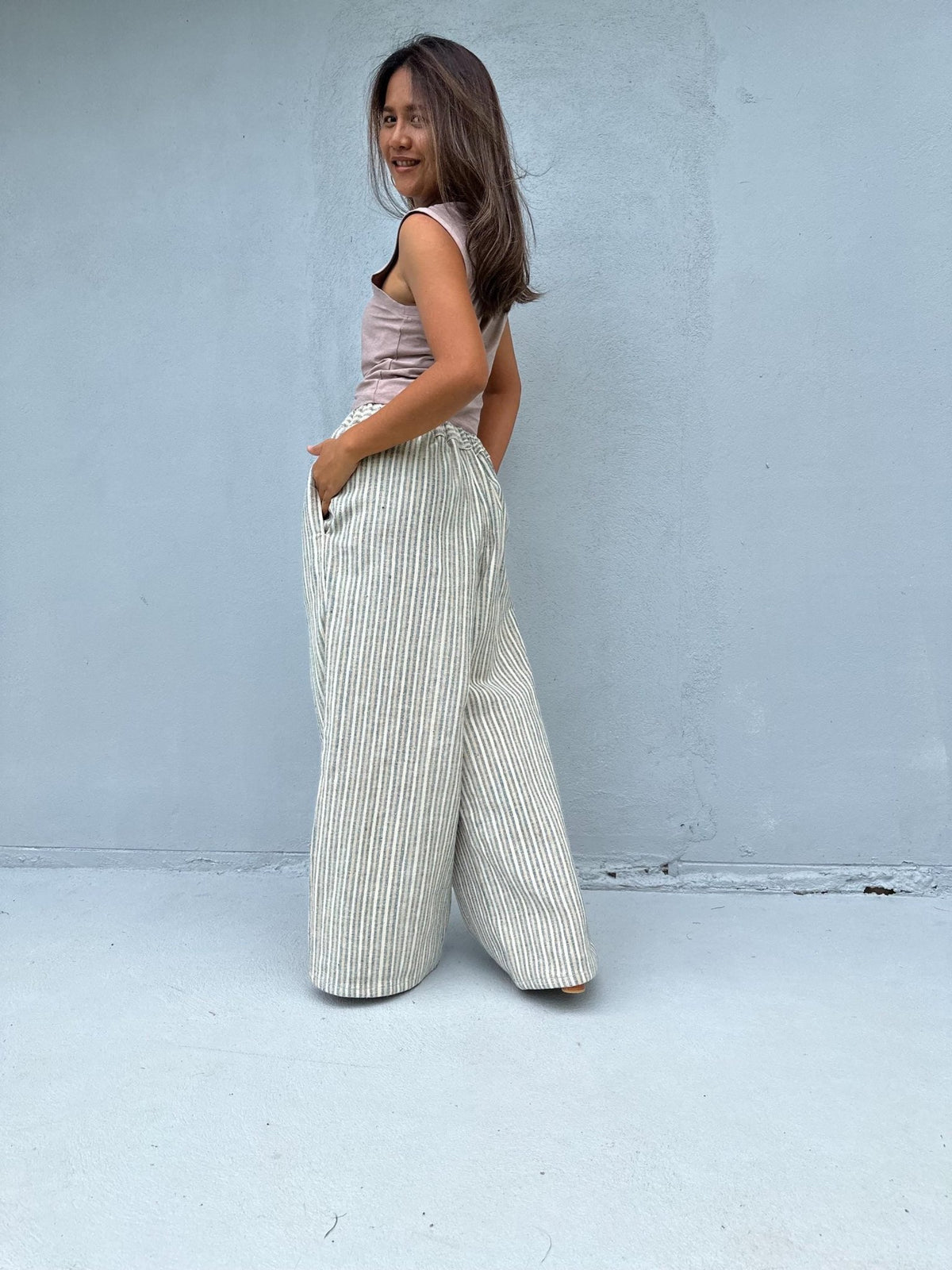 Tala Wide Leg Cotton Pants in Cream and Gray Stripes-VC-19-40-Mala Handworks