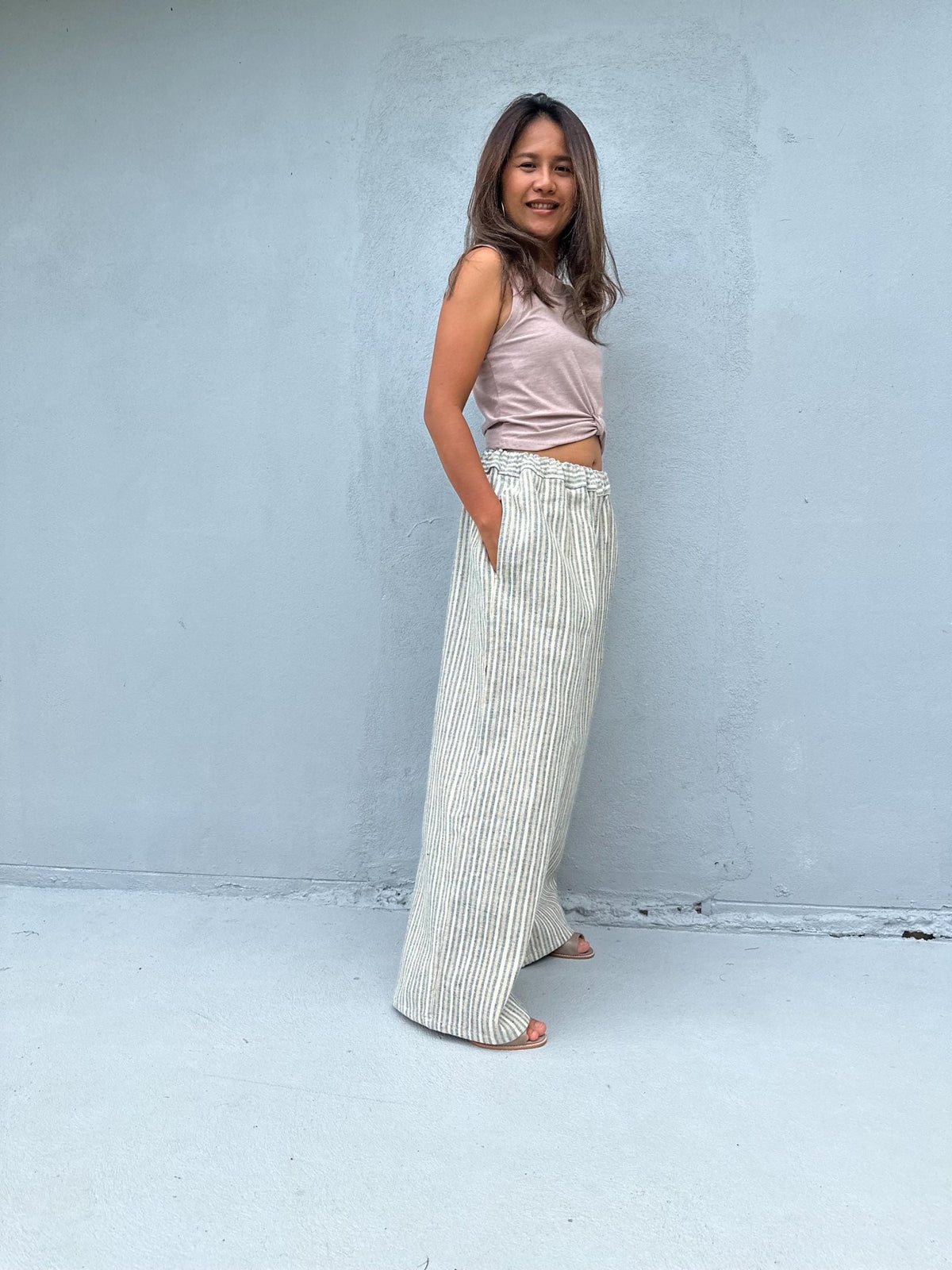 Tala Wide Leg Cotton Pants in Cream and Gray Stripes-VC-19-40-Mala Handworks
