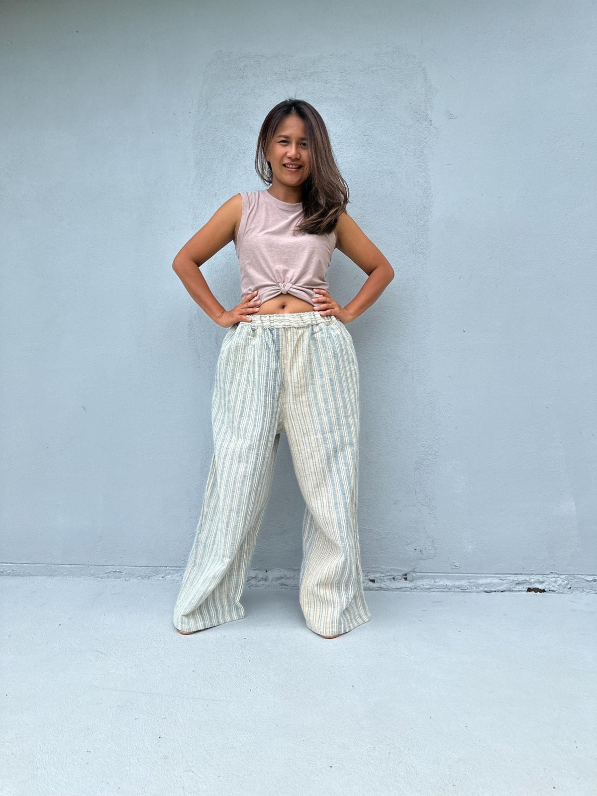 Tala Wide Leg Cotton Pants in Cream and Silver Stripes-VC-18-40-Mala Handworks