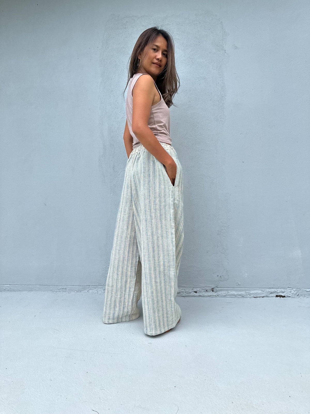 Tala Wide Leg Cotton Pants in Cream and Silver Stripes-VC-18-40-Mala Handworks