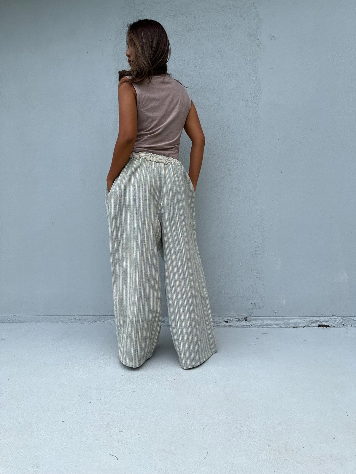 Tala Wide Leg Cotton Pants in Cream and Silver Stripes-VC-18-40-Mala Handworks