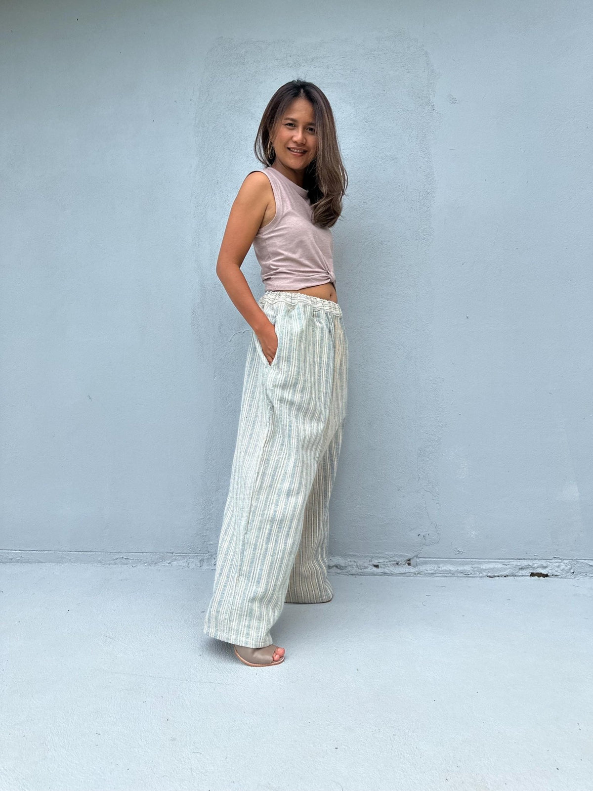 Tala Wide Leg Cotton Pants in Cream and Silver Stripes-VC-18-40-Mala Handworks