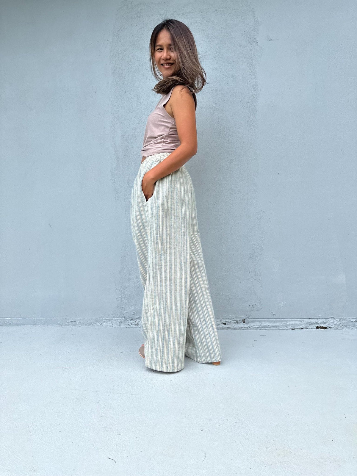Tala Wide Leg Cotton Pants in Cream and Silver Stripes-VC-18-40-Mala Handworks