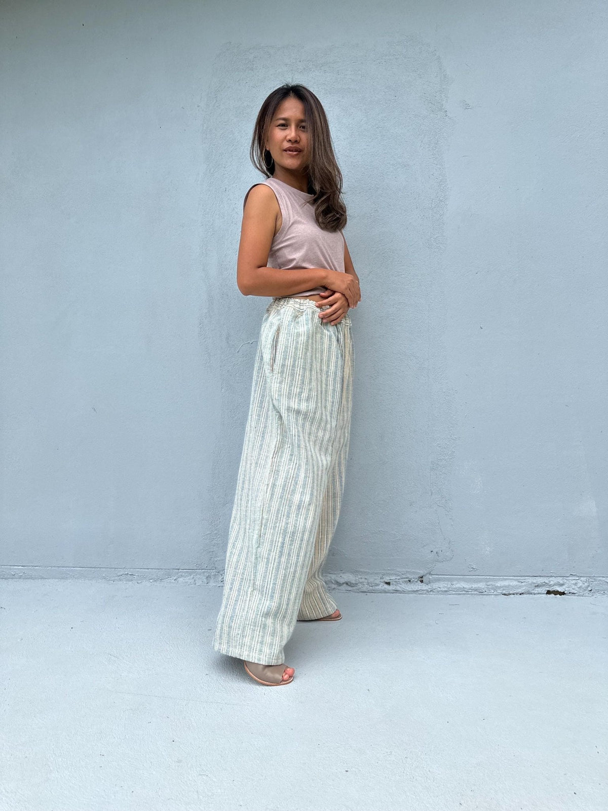 Tala Wide Leg Cotton Pants in Cream and Silver Stripes-VC-18-40-Mala Handworks