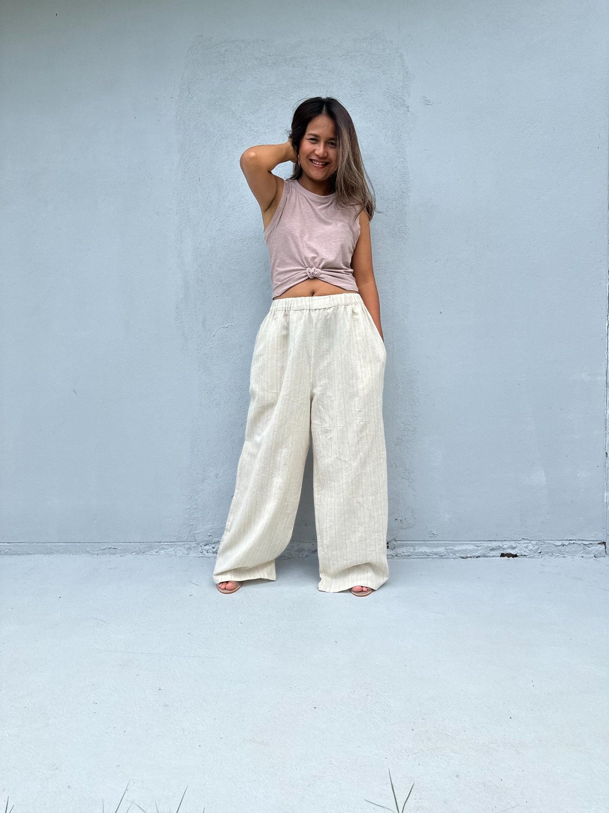 Tala Wide Leg Cotton Pants in Cream Stripes-VC-15-40-Mala Handworks