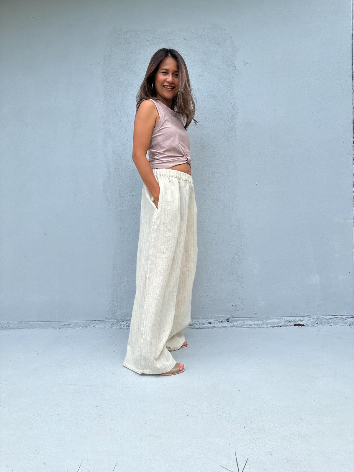 Tala Wide Leg Cotton Pants in Cream Stripes-VC-15-40-Mala Handworks