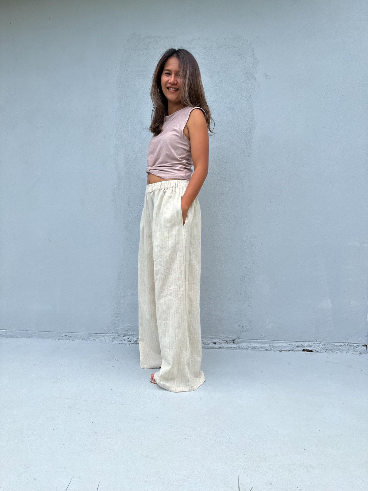 Tala Wide Leg Cotton Pants in Cream Stripes-VC-15-40-Mala Handworks