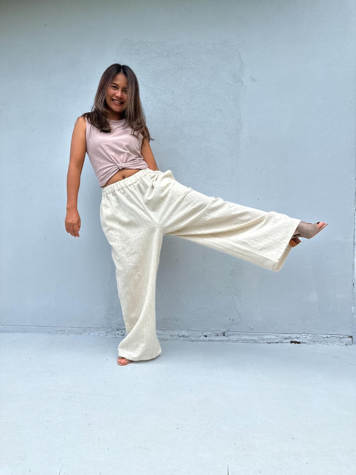 Tala Wide Leg Cotton Pants in Cream Stripes-VC-15-40-Mala Handworks