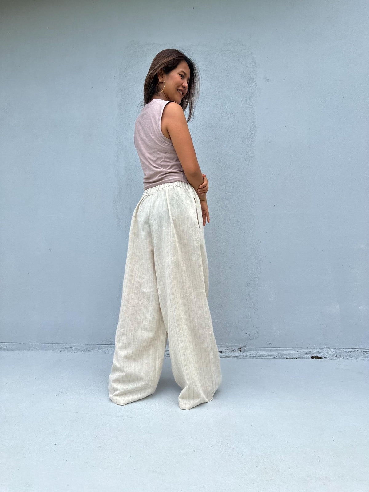 Tala Wide Leg Cotton Pants in Cream Stripes-VC-15-40-Mala Handworks