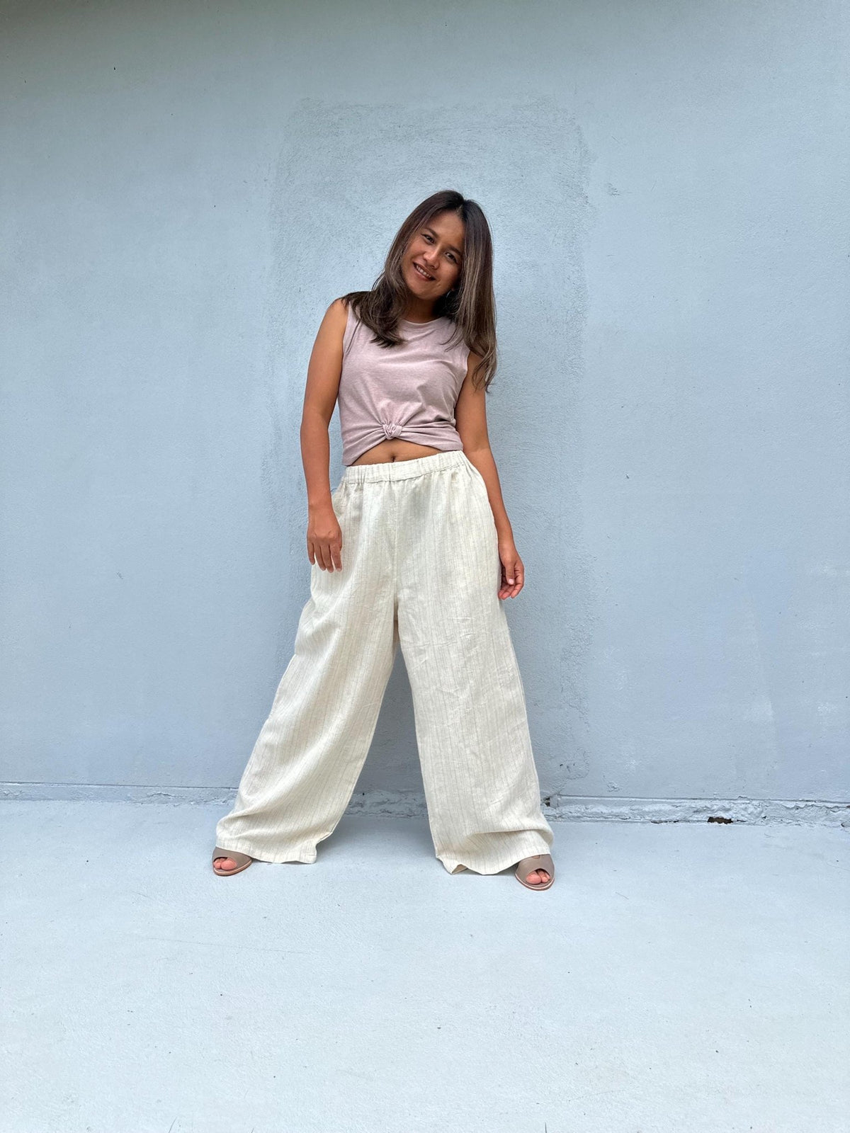 Tala Wide Leg Cotton Pants in Cream Stripes-VC-15-40-Mala Handworks