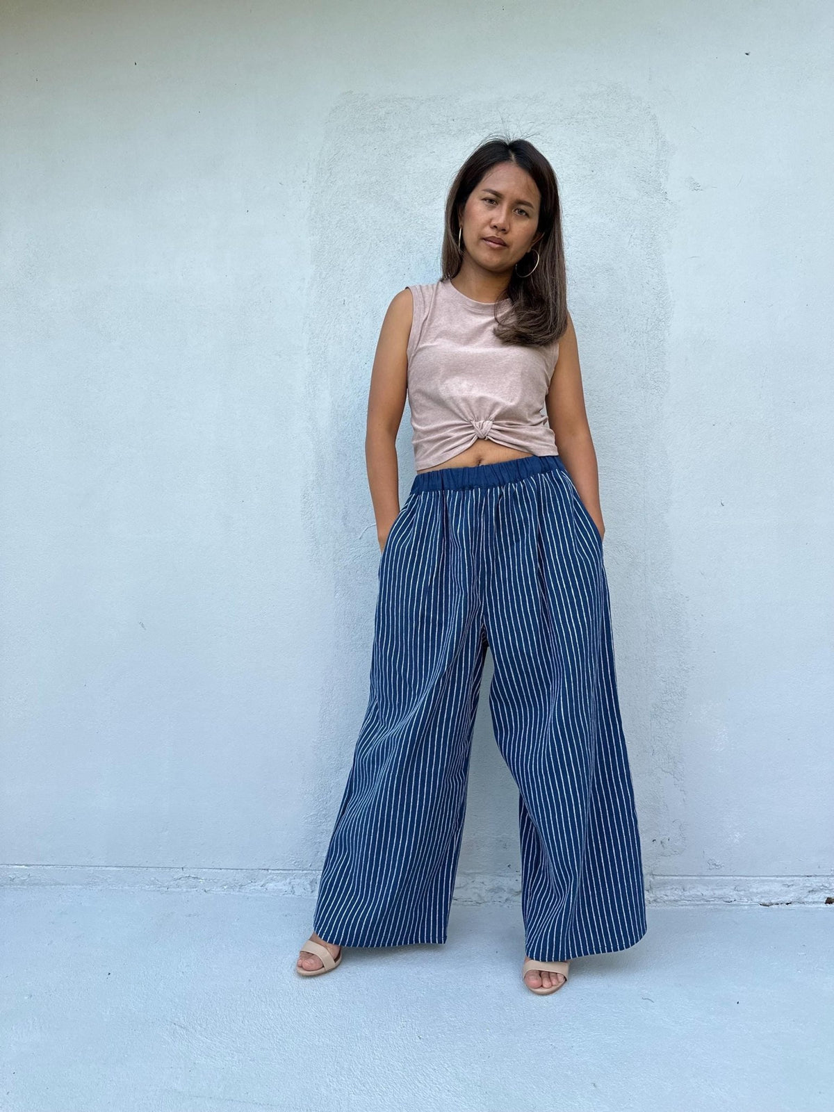 Tala Wide Leg Cotton Pants in Indigo Stripes-VC-1-39-Mala Handworks
