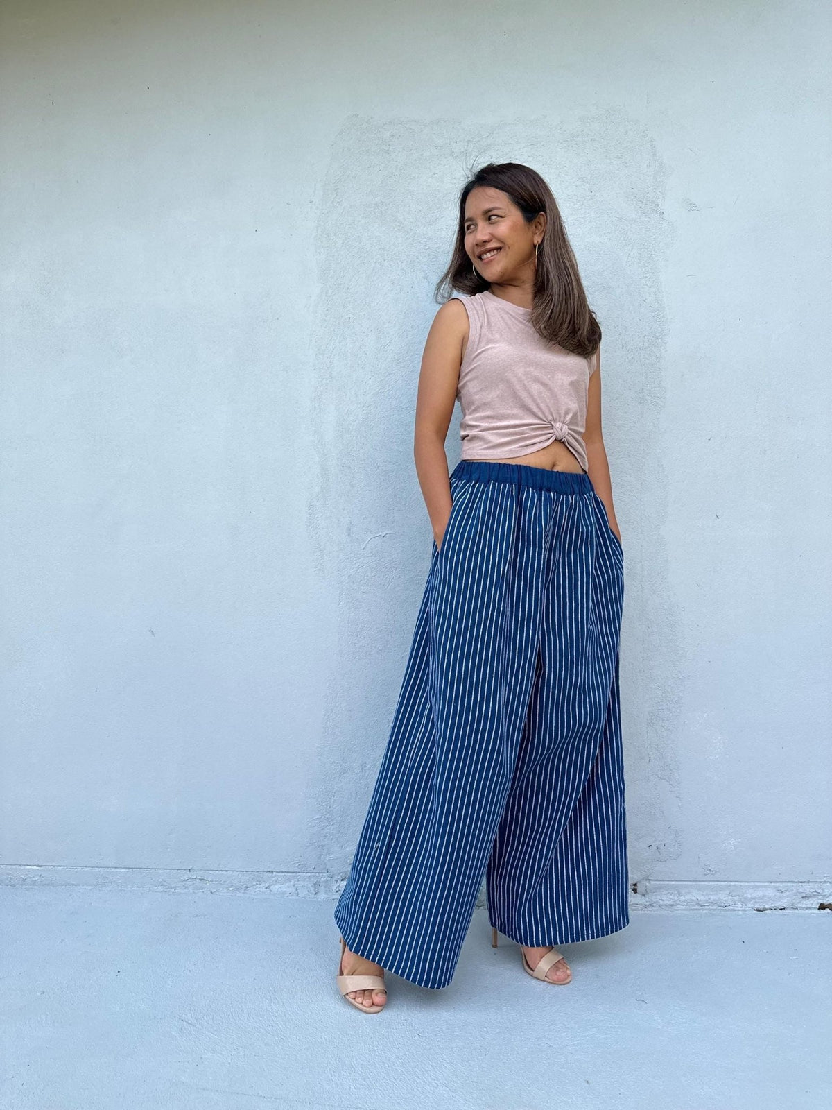 Tala Wide Leg Cotton Pants in Indigo Stripes-VC-1-39-Mala Handworks