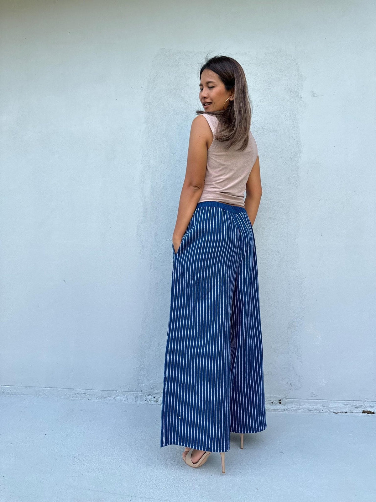 Tala Wide Leg Cotton Pants in Indigo Stripes-VC-1-39-Mala Handworks