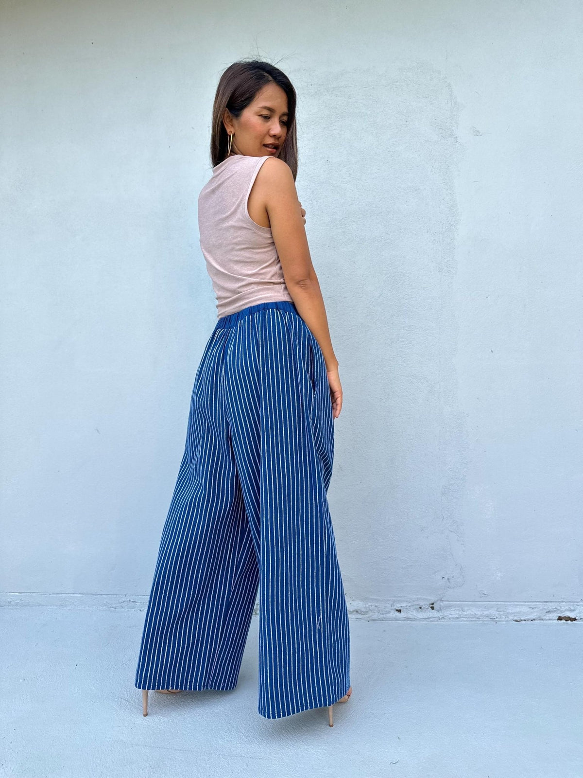 Tala Wide Leg Cotton Pants in Indigo Stripes-VC-1-39-Mala Handworks