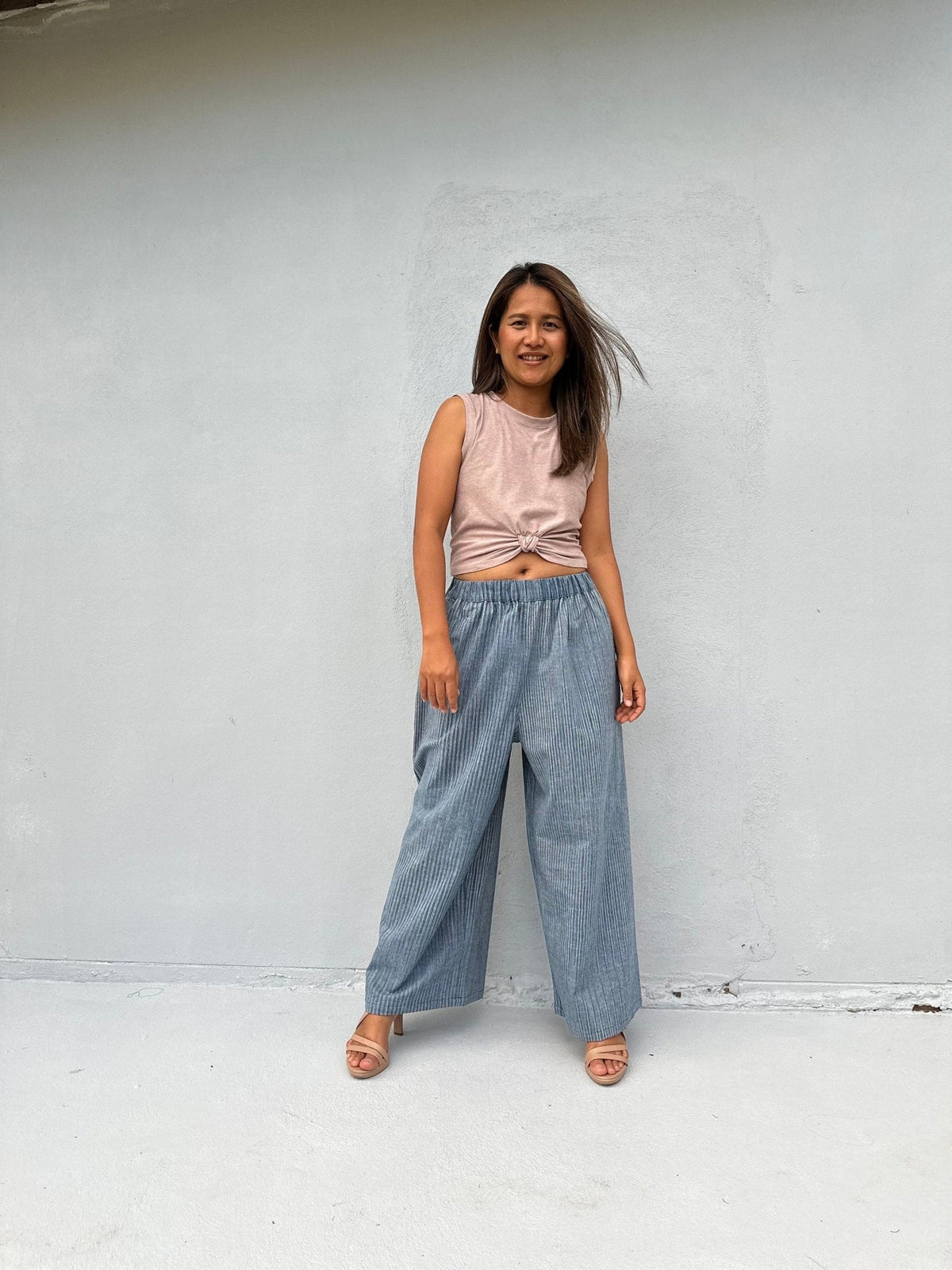 Tala Wide Leg Cotton Pants in Mist Stripes-VC-7-38-Mala Handworks