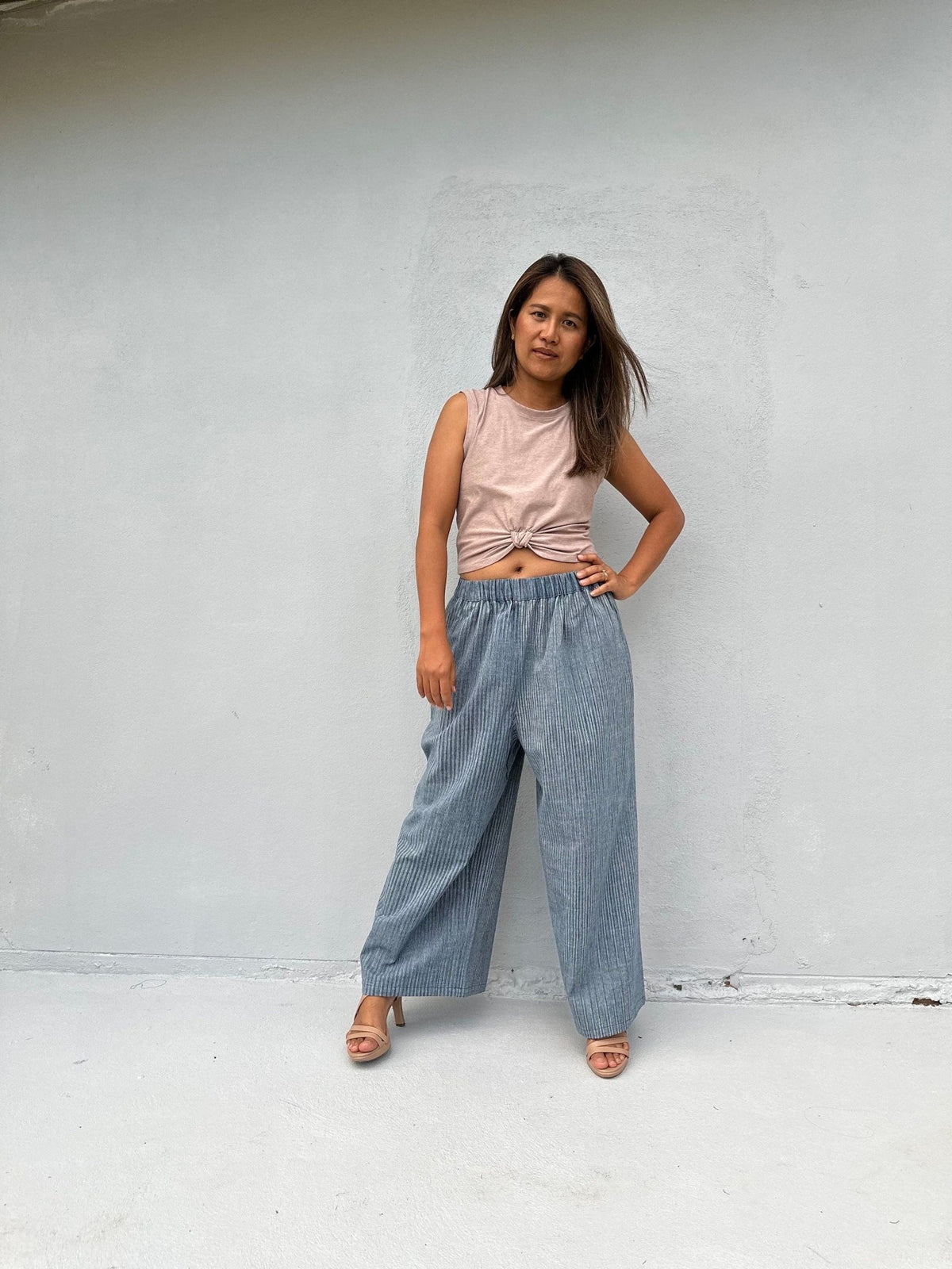 Tala Wide Leg Cotton Pants in Mist Stripes-VC-7-38-Mala Handworks