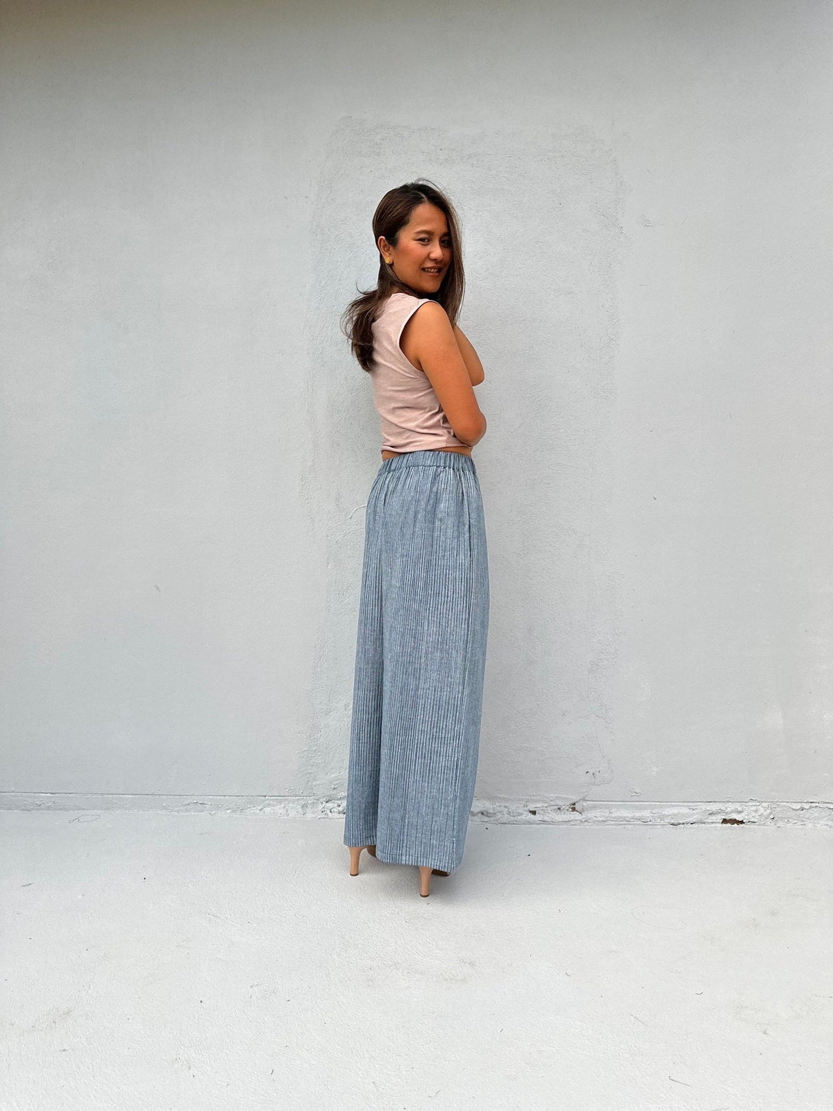 Tala Wide Leg Cotton Pants in Mist Stripes-VC-7-38-Mala Handworks