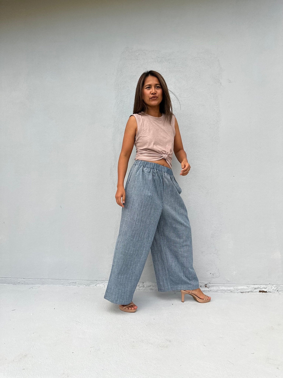 Tala Wide Leg Cotton Pants in Mist Stripes-VC-7-38-Mala Handworks