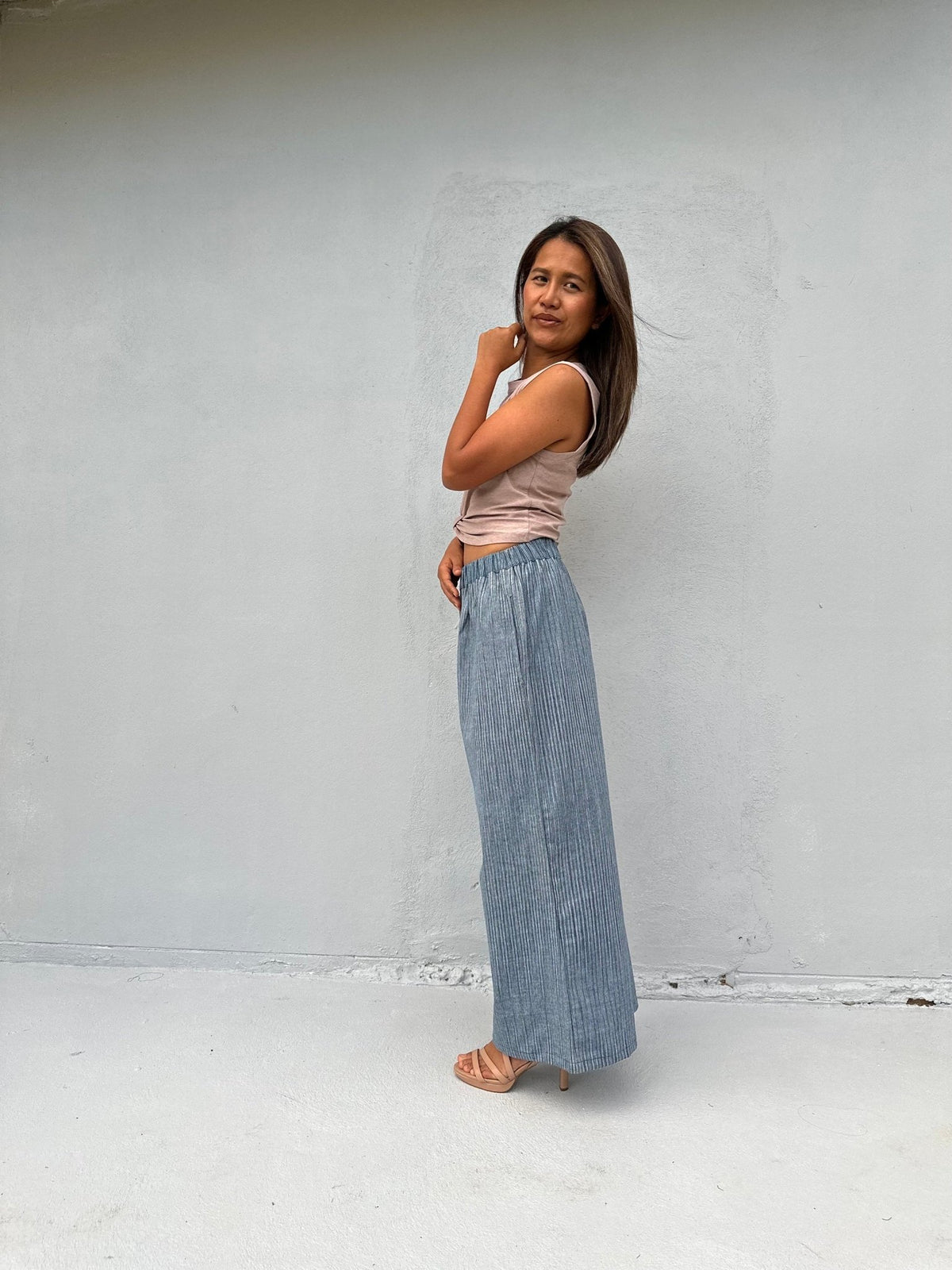 Tala Wide Leg Cotton Pants in Mist Stripes-VC-7-38-Mala Handworks