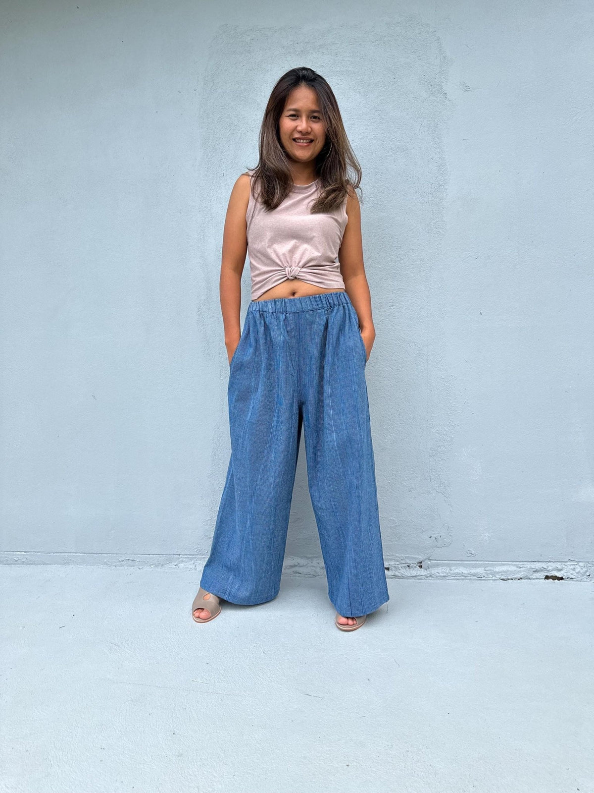 Tala Wide Leg Cotton Pants in Navy Stripes-VC-16-38-Mala Handworks
