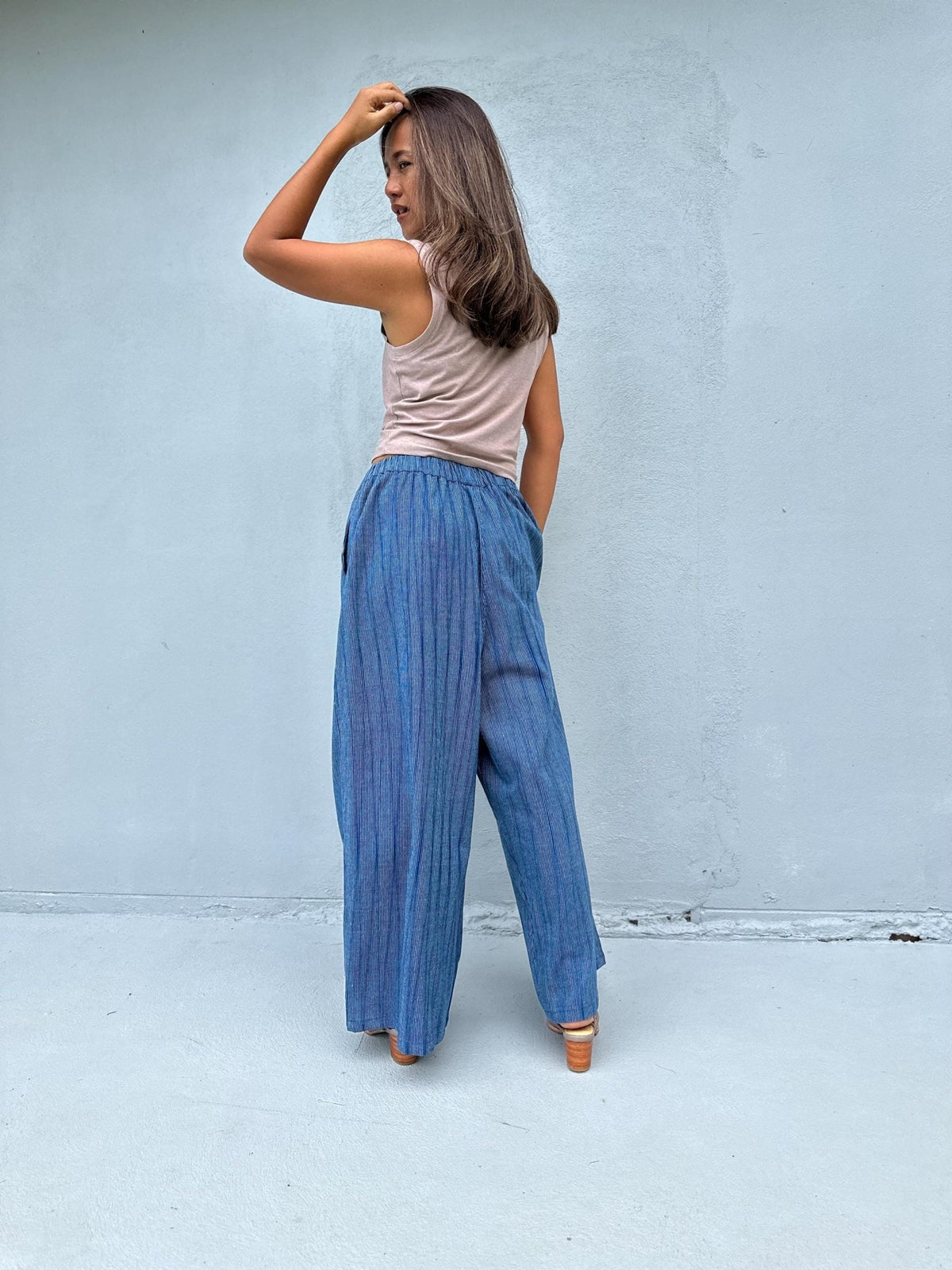 Tala Wide Leg Cotton Pants in Navy Stripes-VC-16-38-Mala Handworks