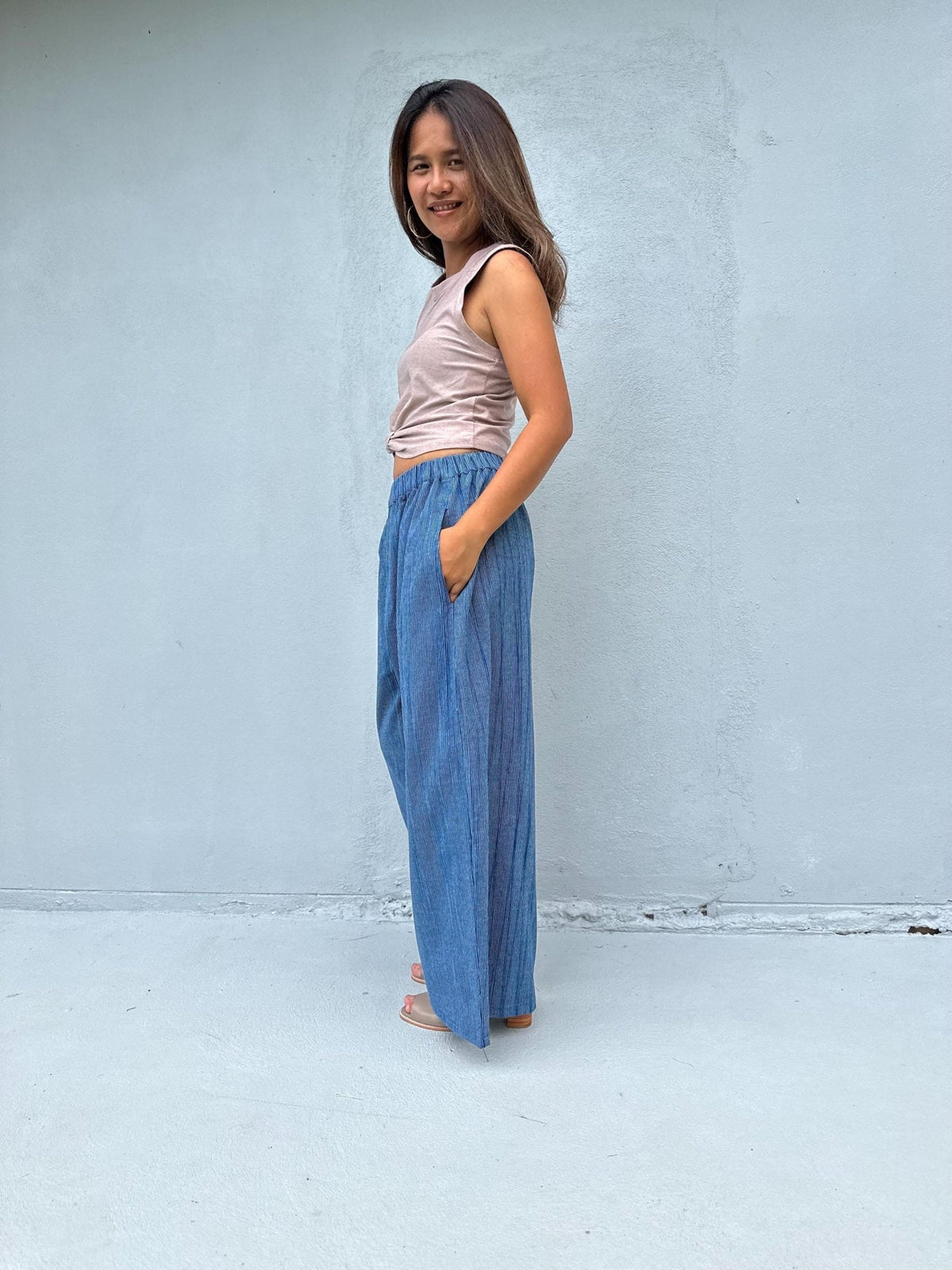 Tala Wide Leg Cotton Pants in Navy Stripes-VC-16-38-Mala Handworks