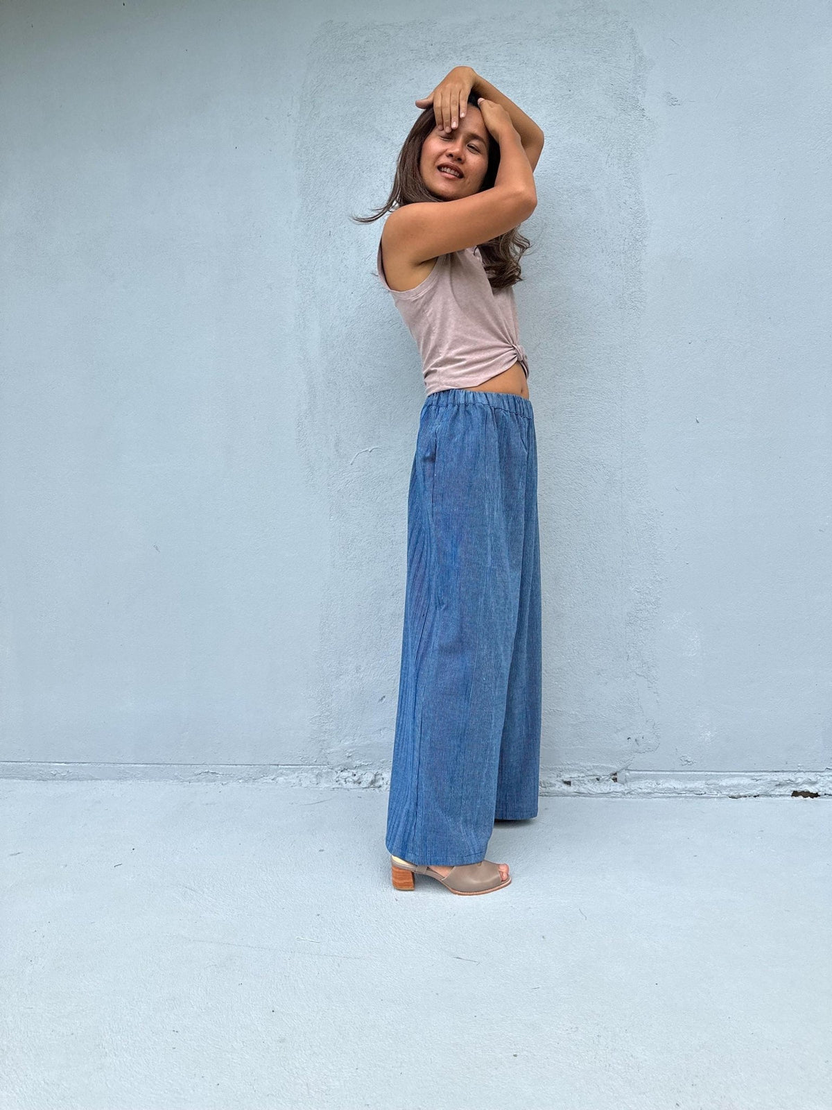 Tala Wide Leg Cotton Pants in Navy Stripes-VC-16-38-Mala Handworks