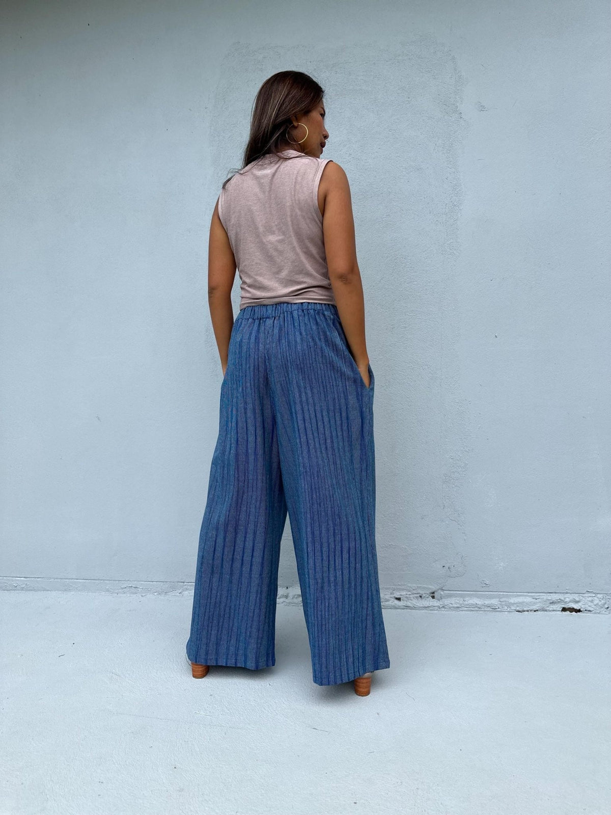 Tala Wide Leg Cotton Pants in Navy Stripes-VC-16-38-Mala Handworks