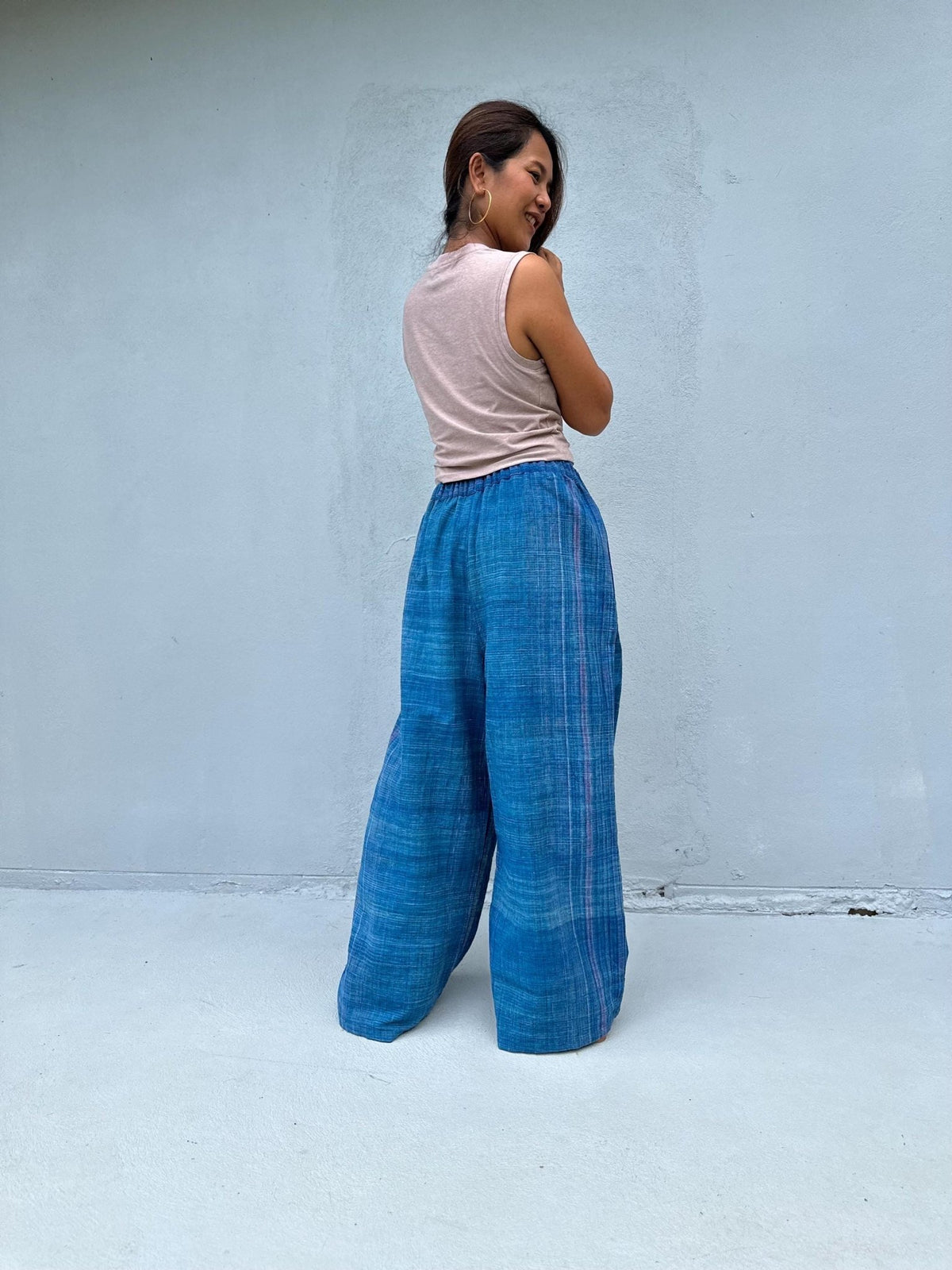 Tala Wide Leg Cotton Pants in Sapphire Stripes-VC-5-40-Mala Handworks