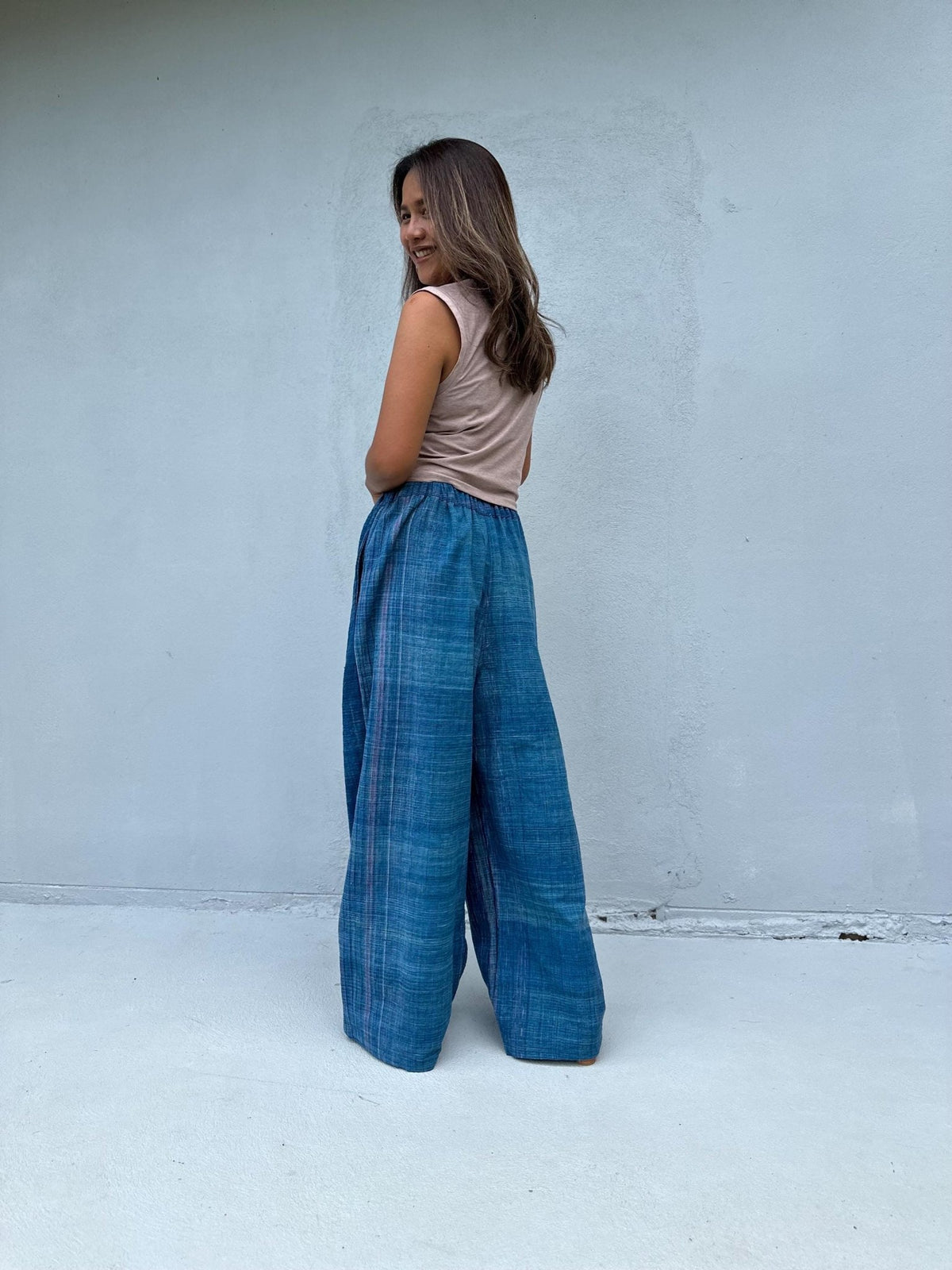 Tala Wide Leg Cotton Pants in Sapphire Stripes-VC-5-40-Mala Handworks
