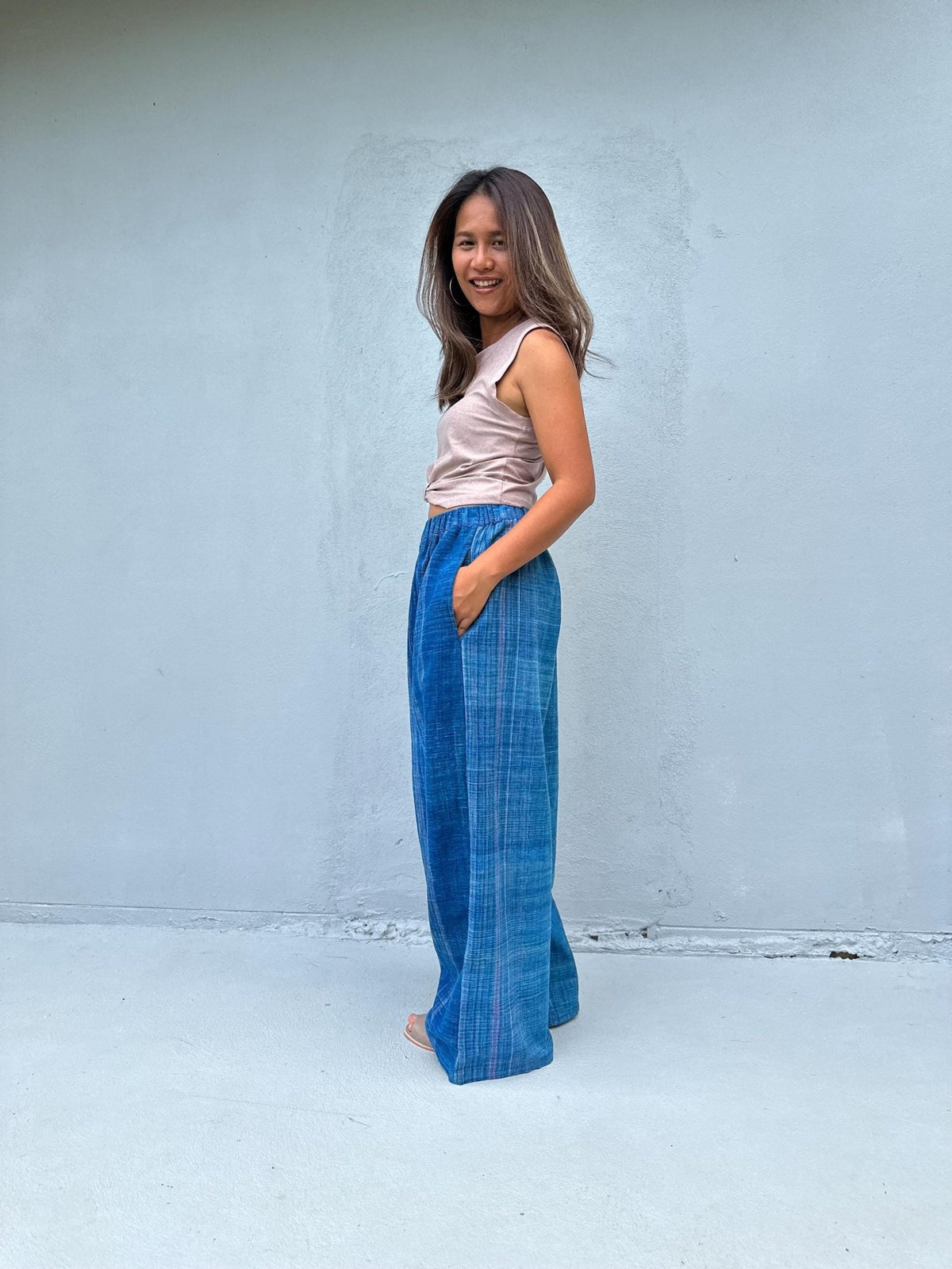 Tala Wide Leg Cotton Pants in Sapphire Stripes-VC-5-40-Mala Handworks