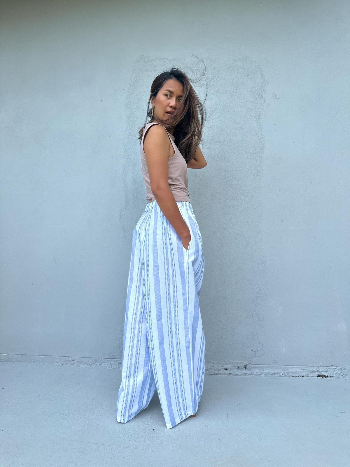Tala Wide Leg Cotton Pants in White and Blue Stripes-VC-3-41-Mala Handworks