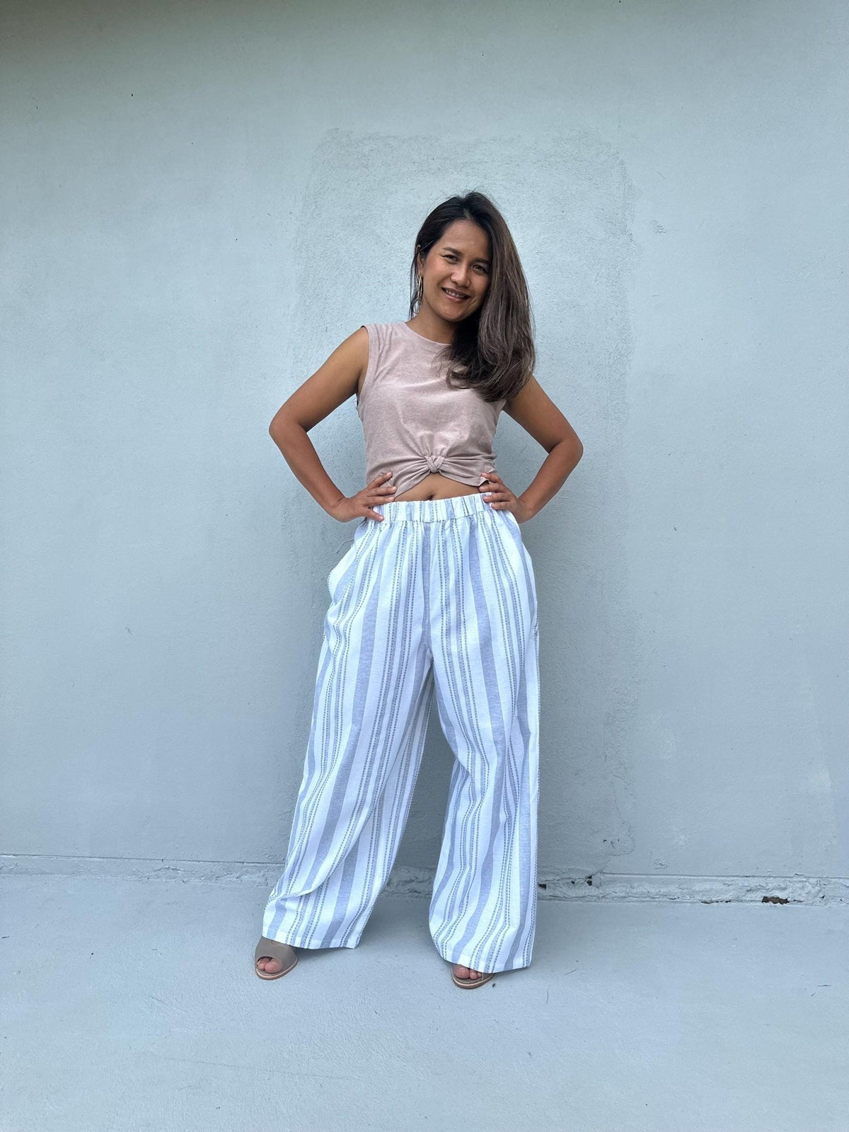 Tala Wide Leg Cotton Pants in White and Blue Stripes-VC-3-41-Mala Handworks