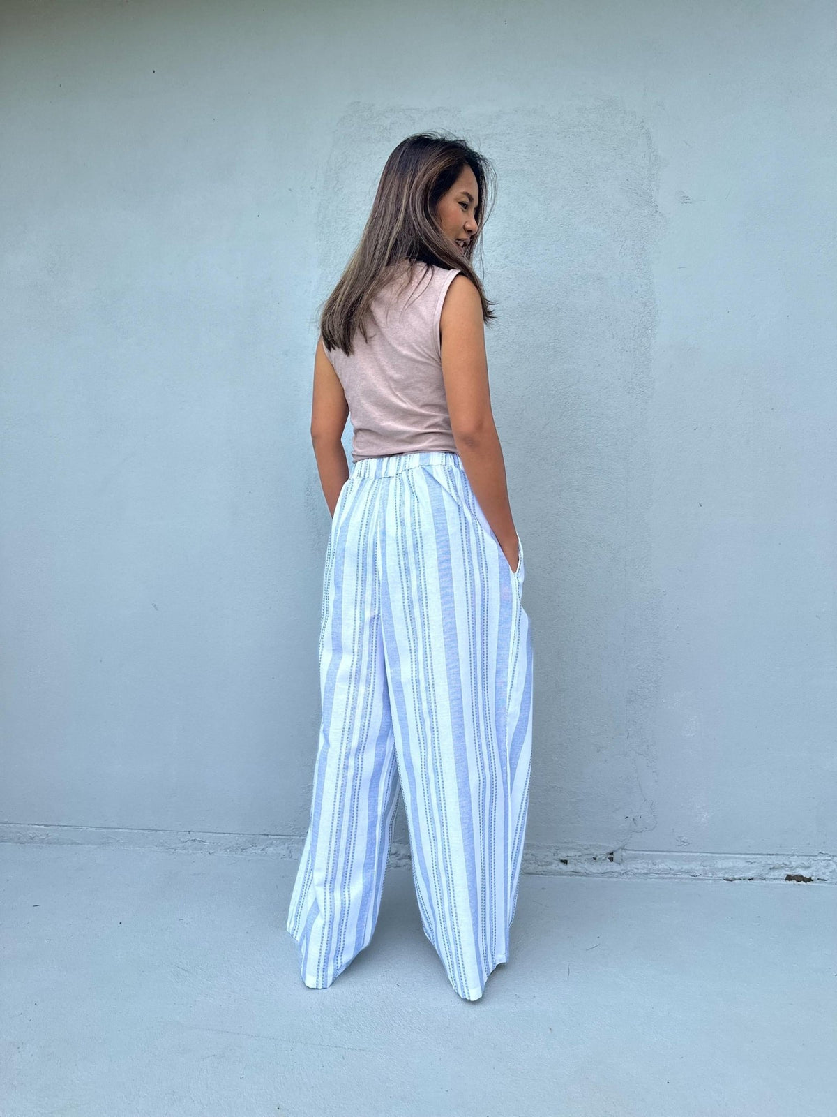 Tala Wide Leg Cotton Pants in White and Blue Stripes-VC-3-41-Mala Handworks