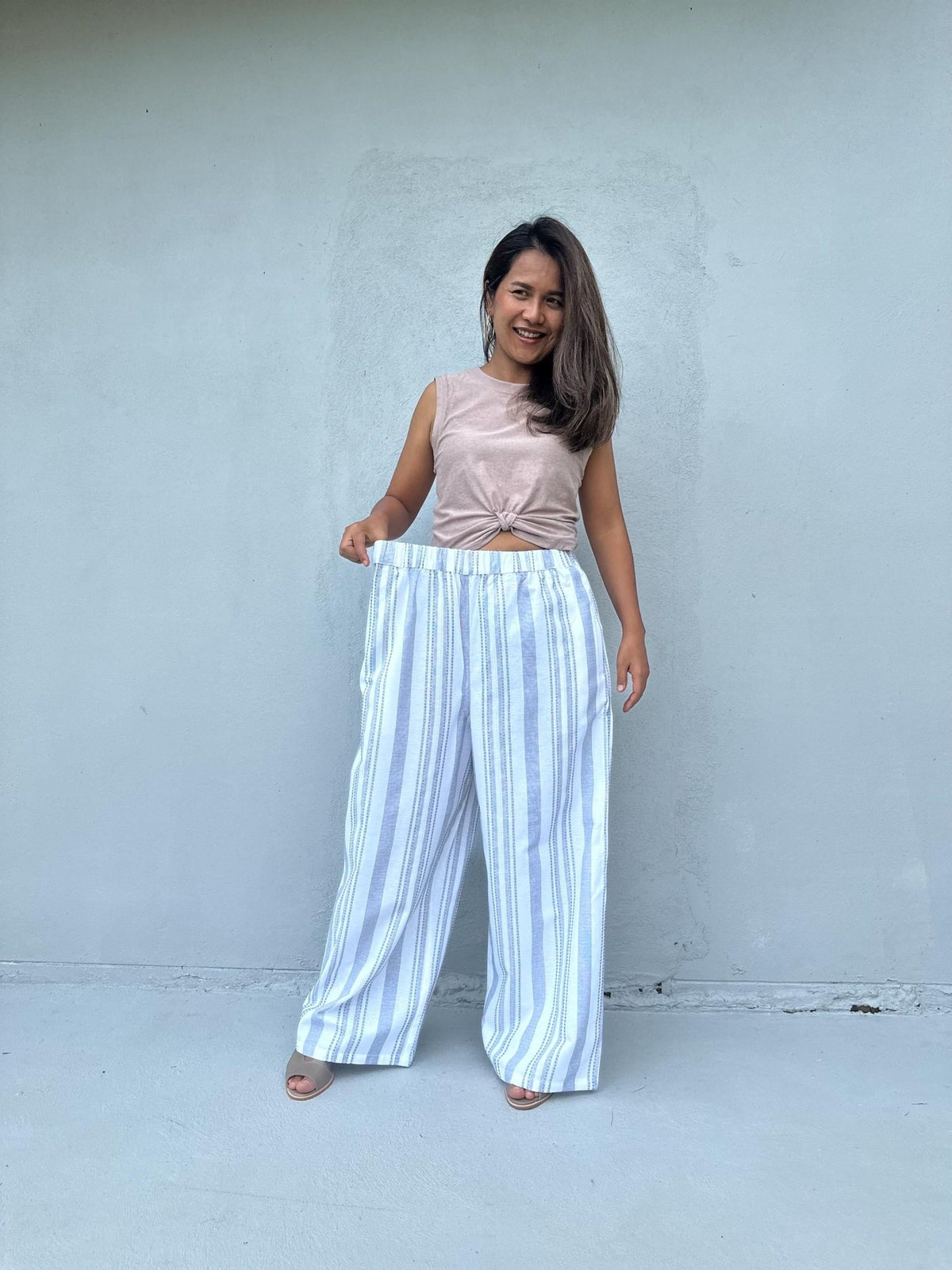 Tala Wide Leg Cotton Pants in White and Blue Stripes-VC-3-41-Mala Handworks