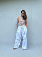 Tala Wide Leg Cotton Pants in White and Blue Stripes-VC-3-41-Mala Handworks
