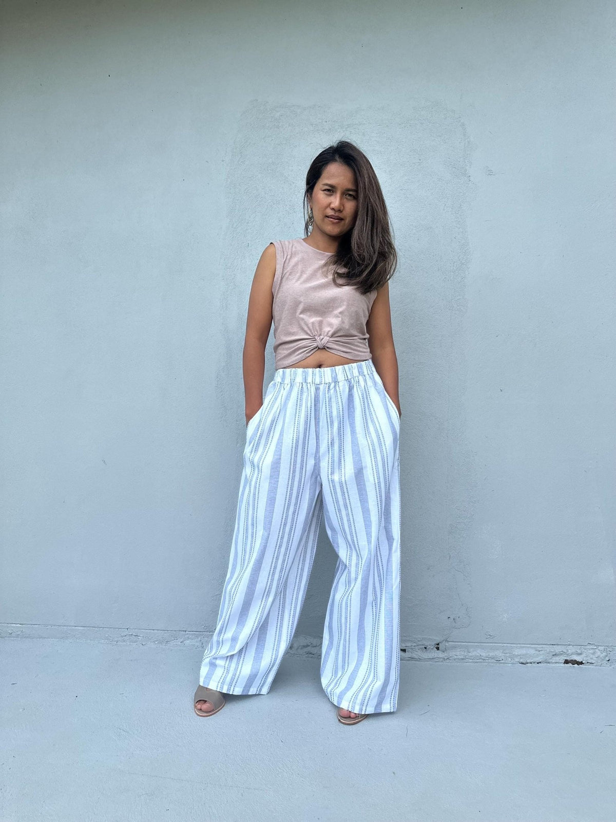 Tala Wide Leg Cotton Pants in White and Blue Stripes-VC-3-41-Mala Handworks