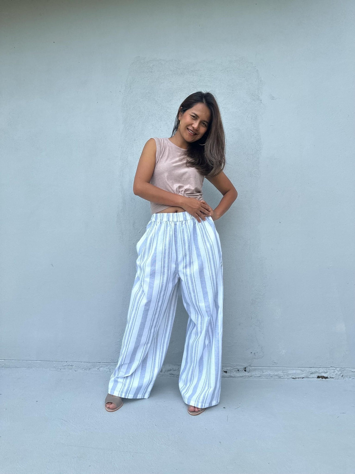 Tala Wide Leg Cotton Pants in White and Blue Stripes-VC-3-41-Mala Handworks