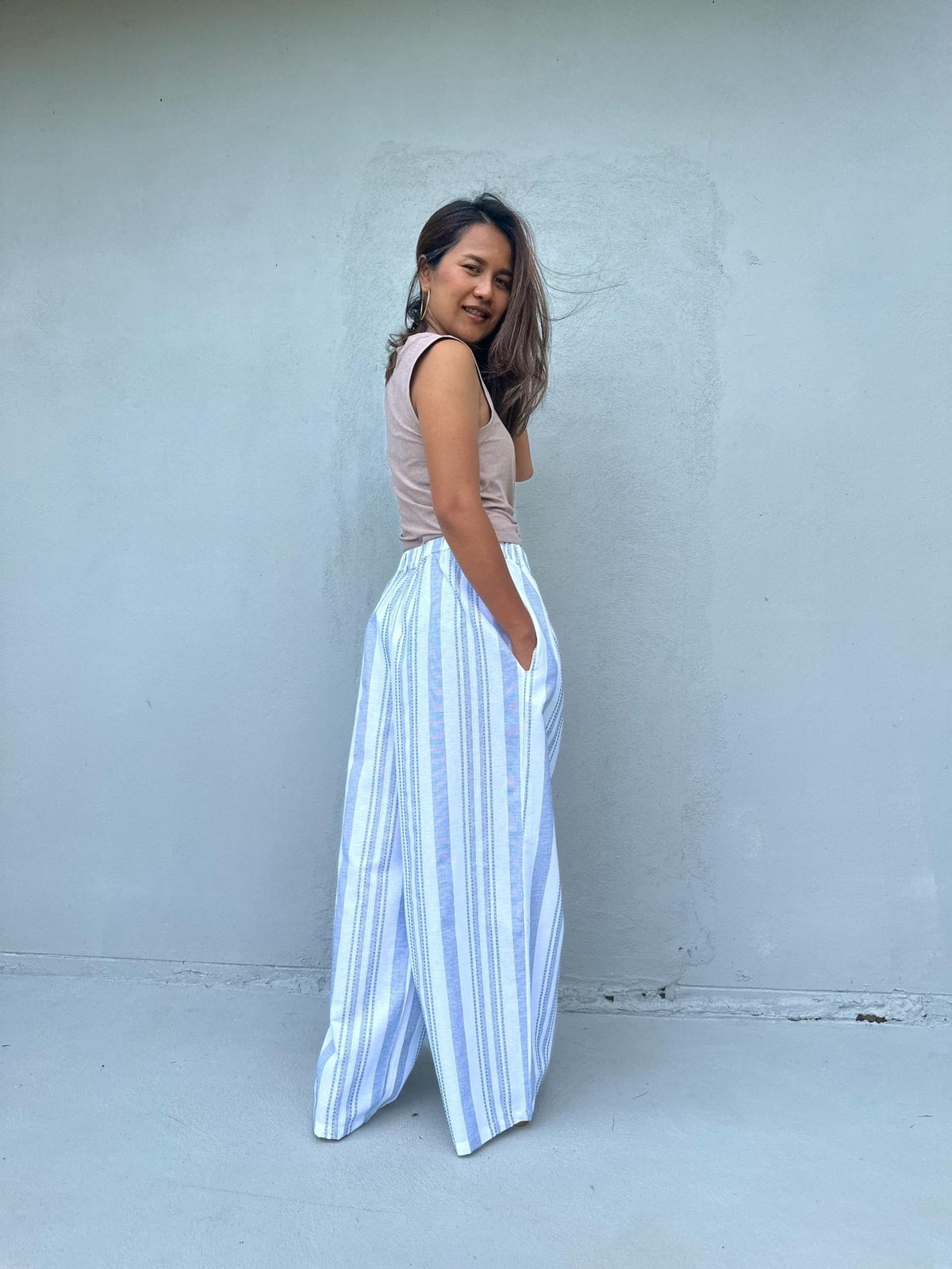 Tala Wide Leg Cotton Pants in White and Blue Stripes-VC-3-41-Mala Handworks