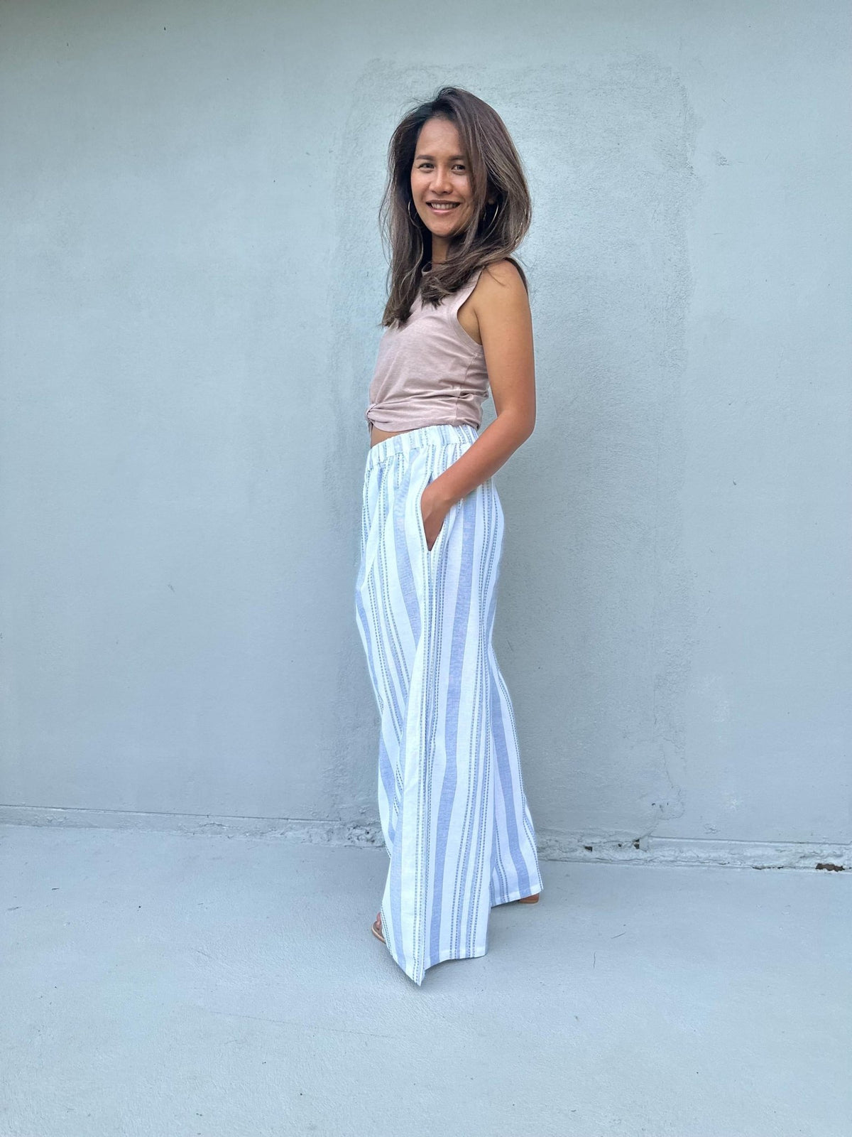 Tala Wide Leg Cotton Pants in White and Blue Stripes-VC-3-41-Mala Handworks