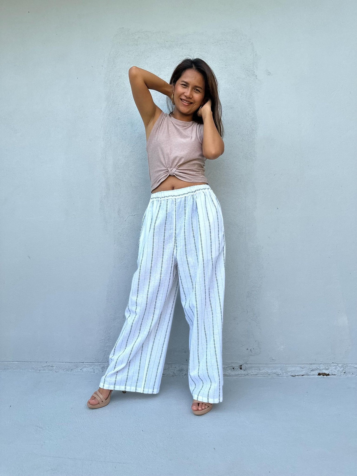 Tala Wide Leg Cotton Pants in White Stripes-VC-6-40-Mala Handworks