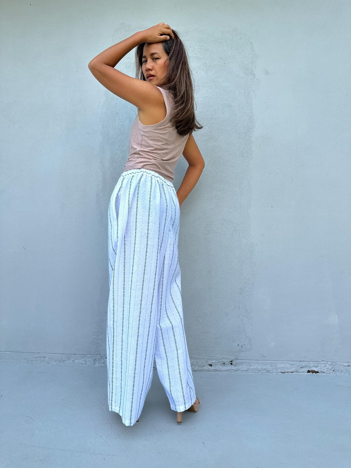 Tala Wide Leg Cotton Pants in White Stripes-VC-6-40-Mala Handworks