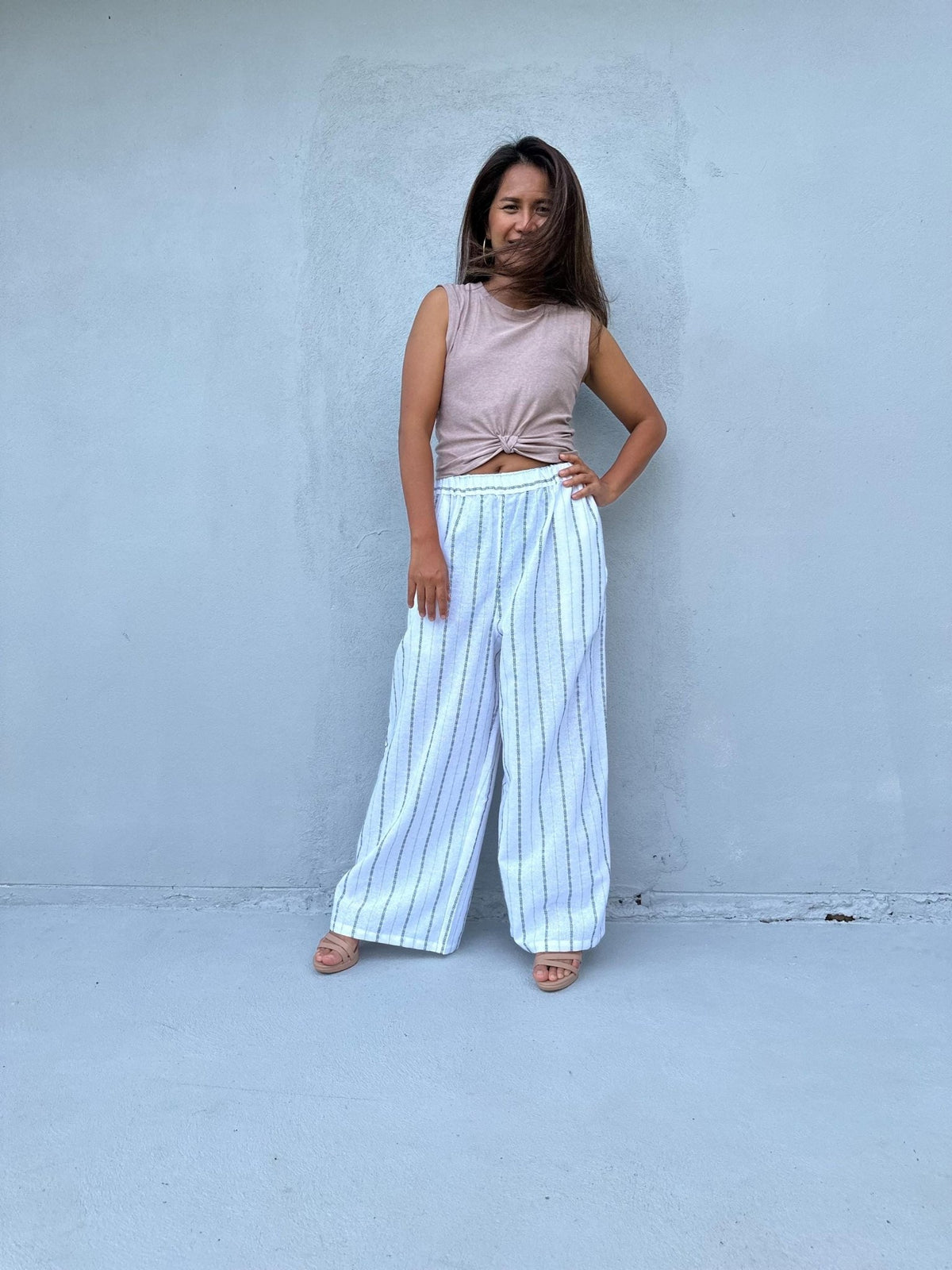Tala Wide Leg Cotton Pants in White Stripes-VC-6-40-Mala Handworks