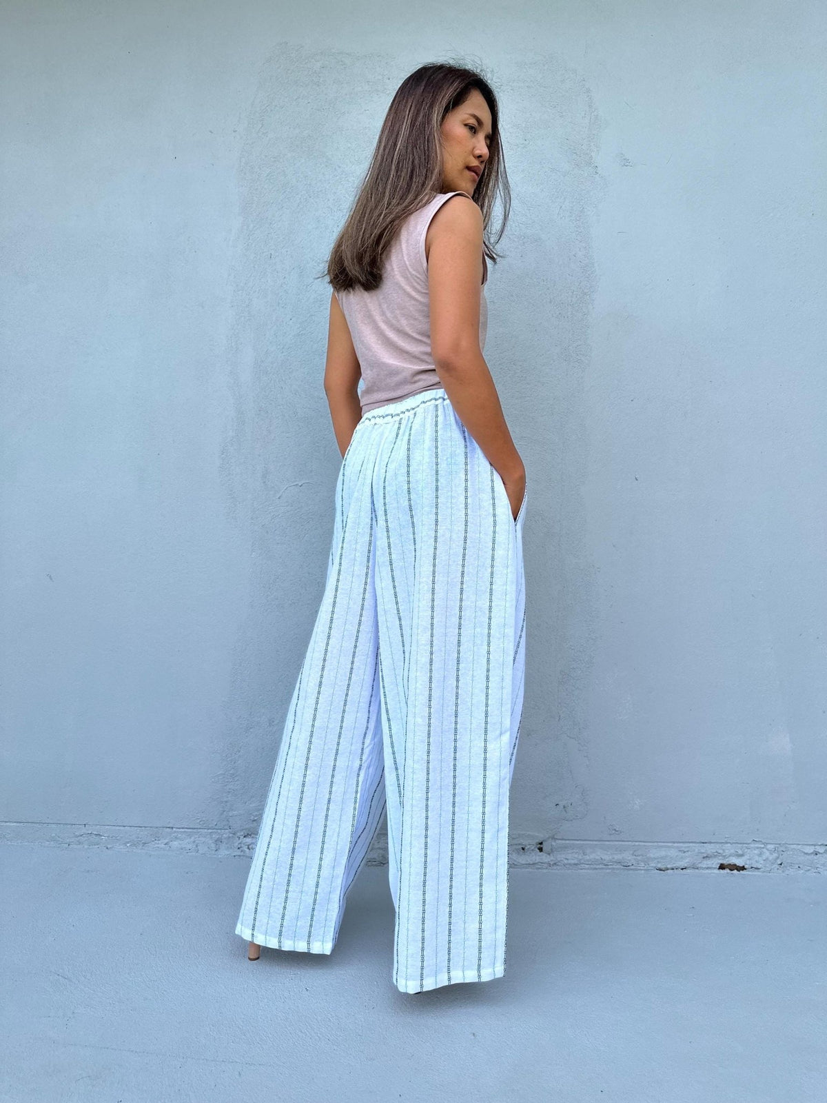 Tala Wide Leg Cotton Pants in White Stripes-VC-6-40-Mala Handworks