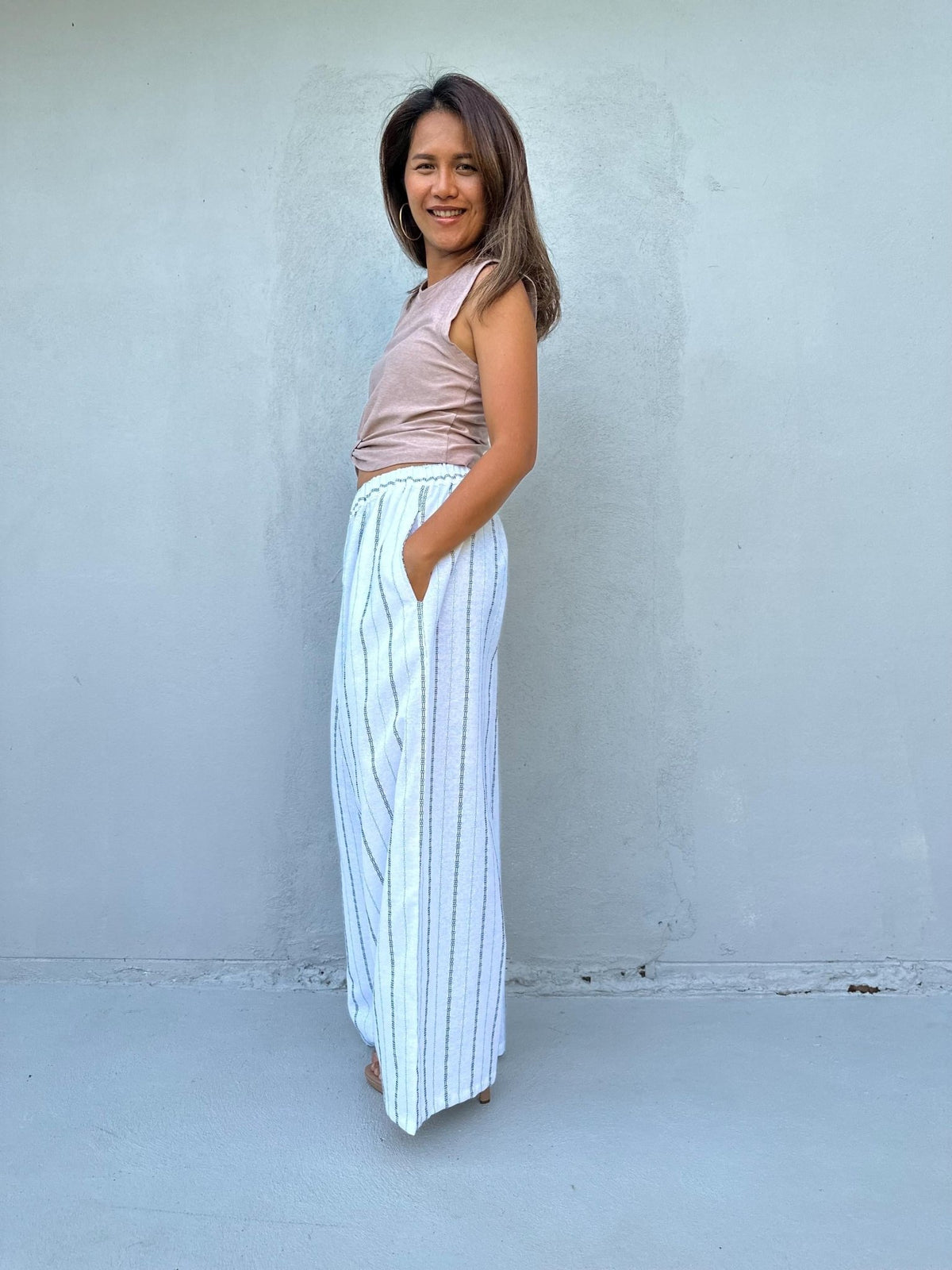 Tala Wide Leg Cotton Pants in White Stripes-VC-6-40-Mala Handworks