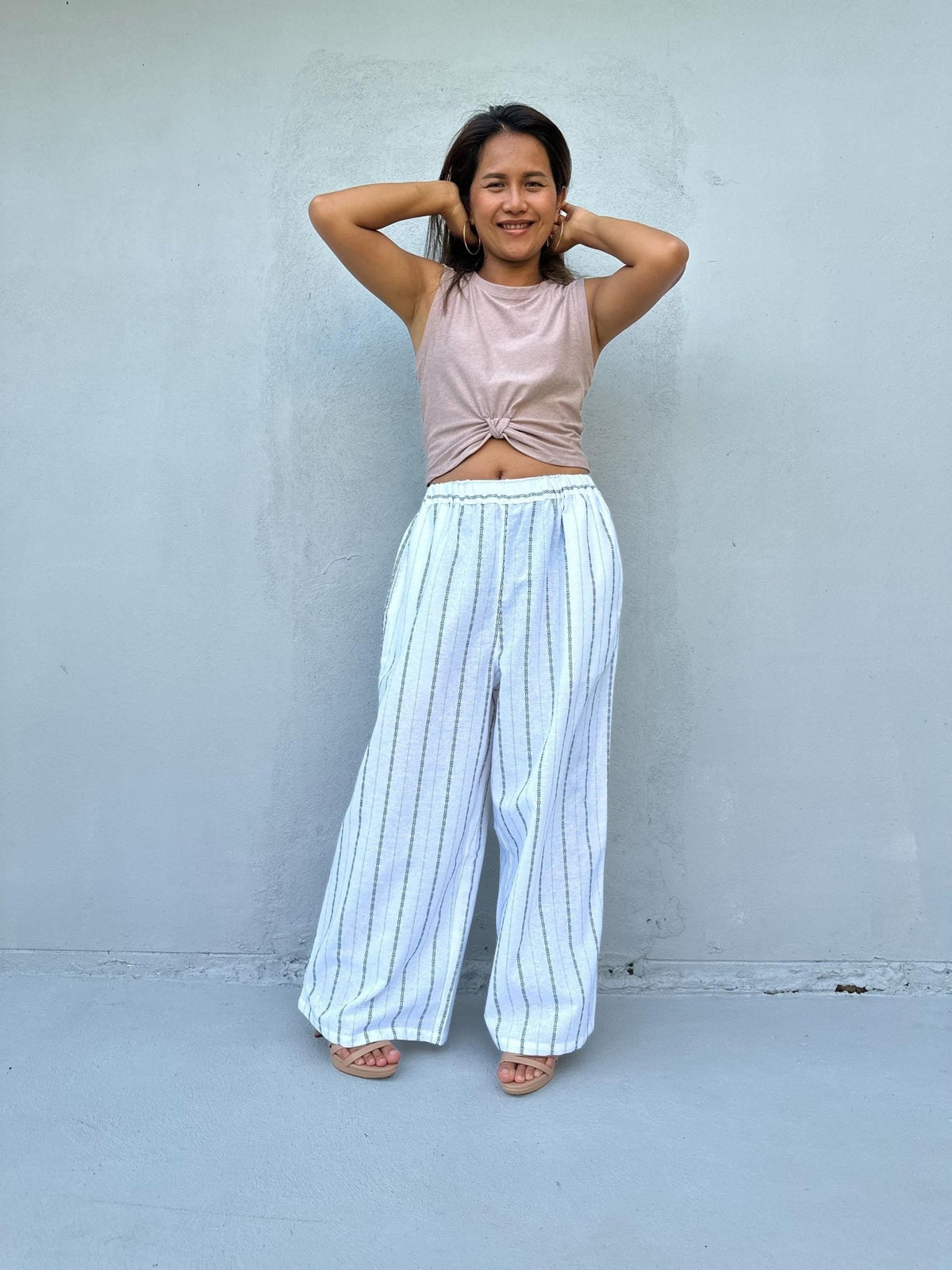 Tala Wide Leg Cotton Pants in White Stripes-VC-6-40-Mala Handworks