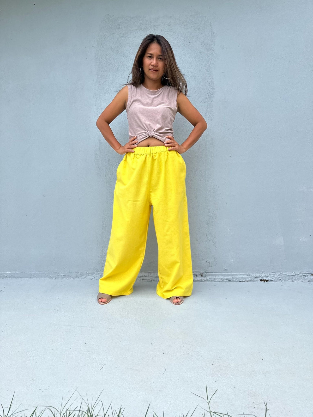Tala Wide Leg Cotton Pants in Yellow-VC-2-40-Mala Handworks