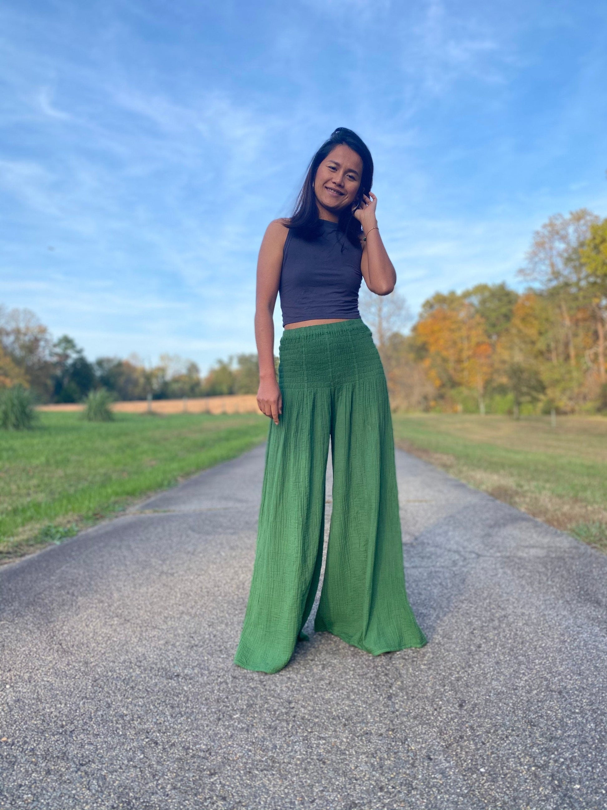 MALA handworks  Veda Wide Leg Pants in Pine Green