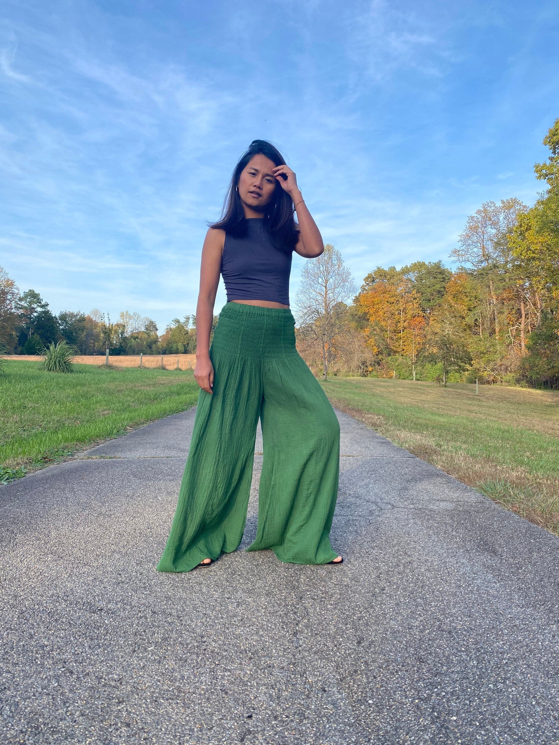 MALA handworks  Veda Wide Leg Pants in Pine Green